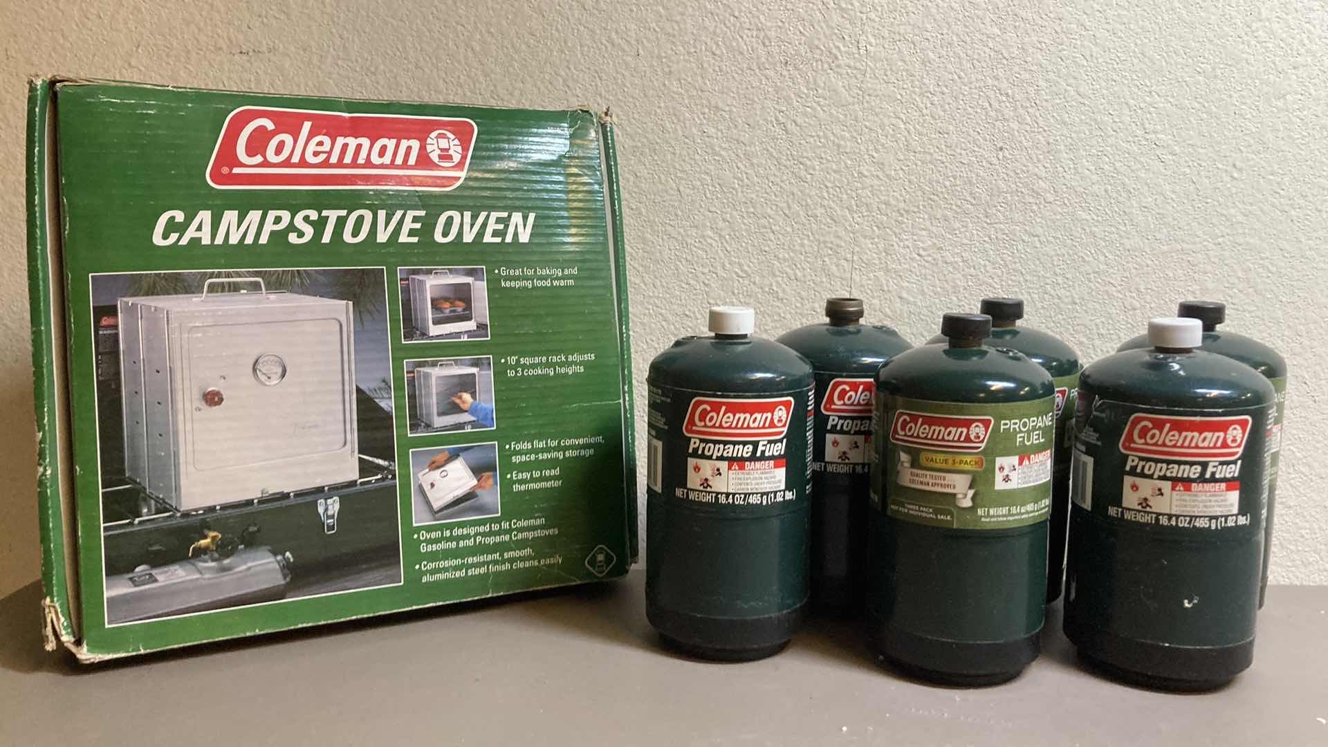 Photo 1 of COLEMAN CAMP STOVE OVEN W COLEMAN 16oz TANKS (6)