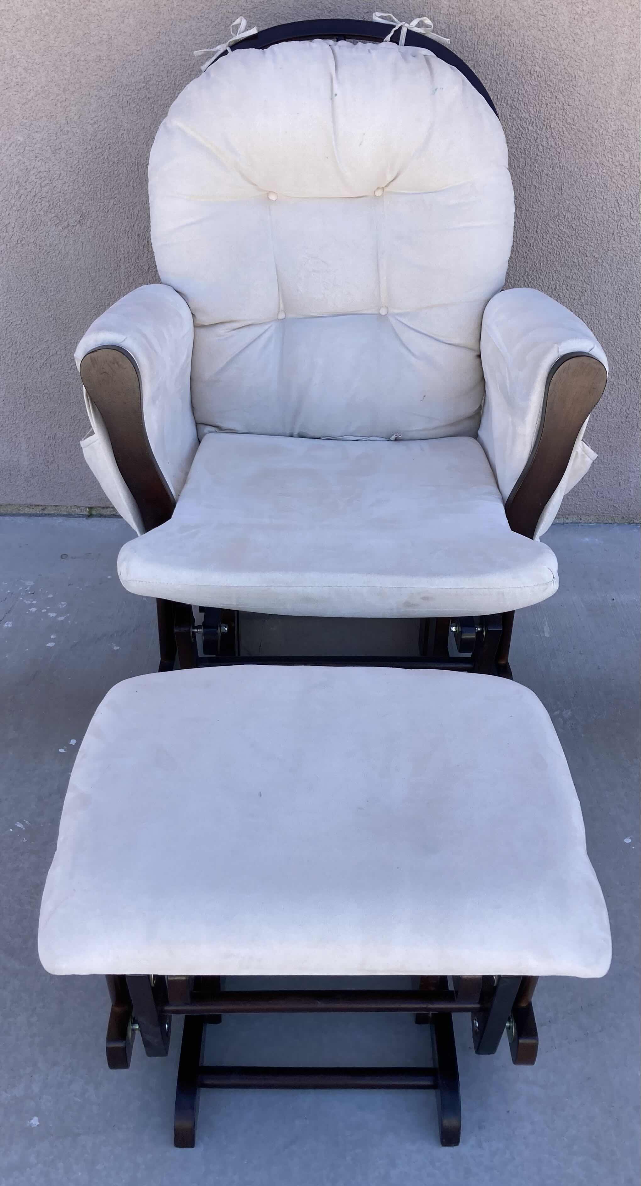 Photo 1 of STORK CRAFT ESPRESSO WOOD FINISH OFF-WHITE UPHOLSTERY ROCKING CHAIR 29” X 36” H38” 
W ROCKING OTTOMAN