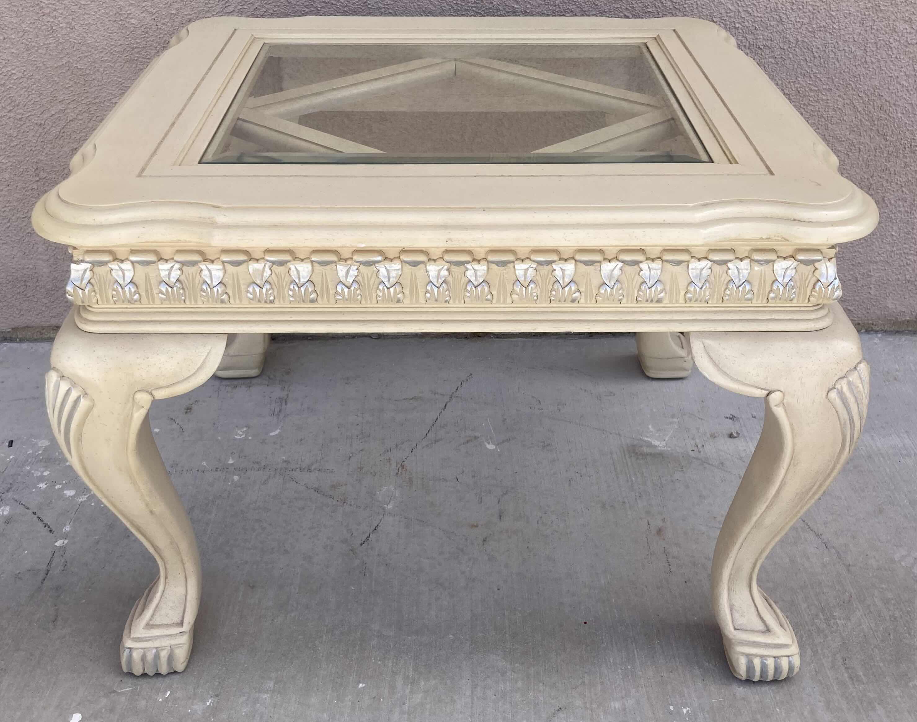 Photo 1 of MID-CENTURY STYLE CREAM W SILVER ACCENTED WOOD FINISH GLASS TOP INLAY END TABLE 25.5” X 28.5” H21.5”