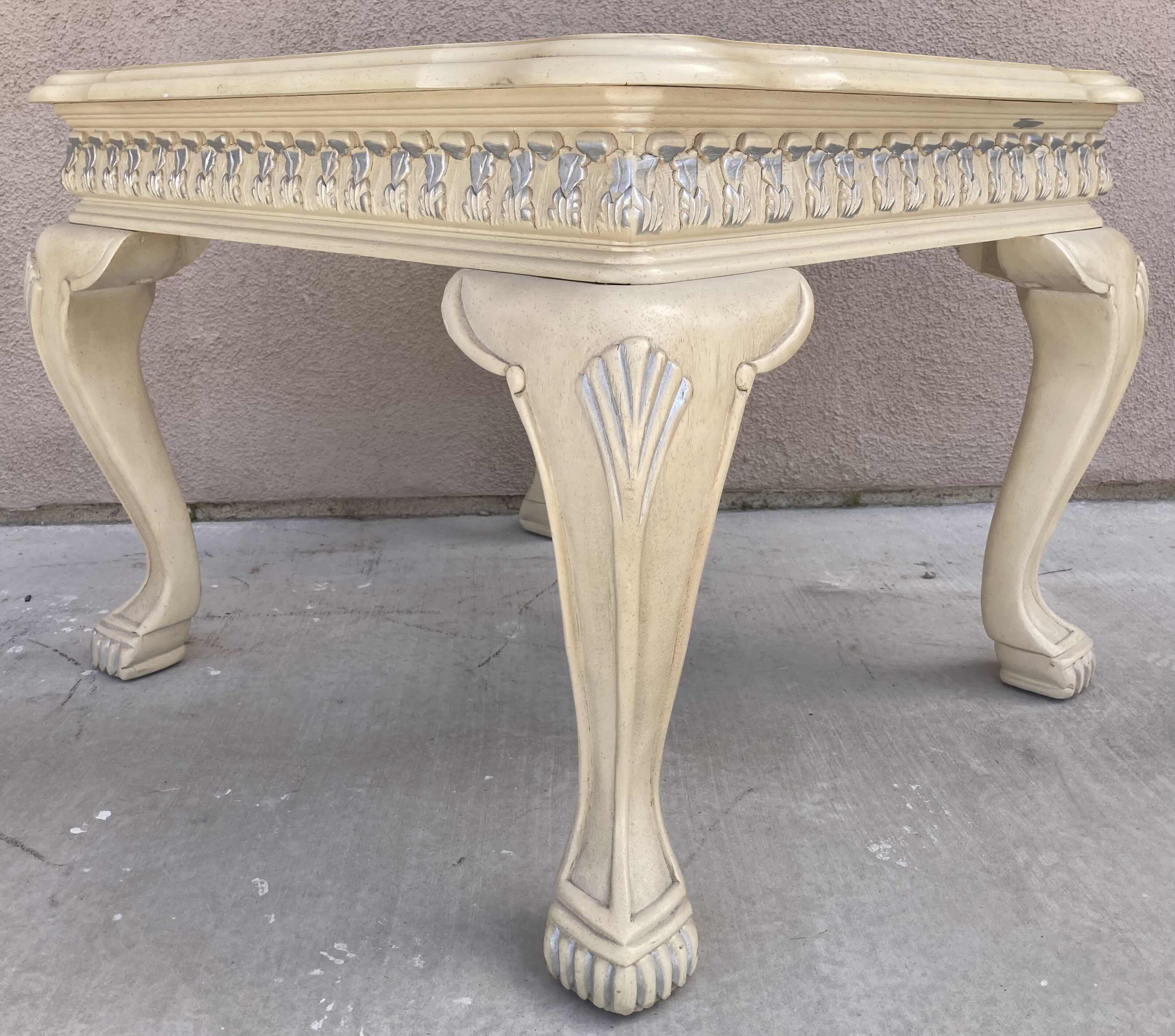 Photo 4 of MID-CENTURY STYLE CREAM W SILVER ACCENTED WOOD FINISH GLASS TOP INLAY END TABLE 25.5” X 28.5” H21.5”
