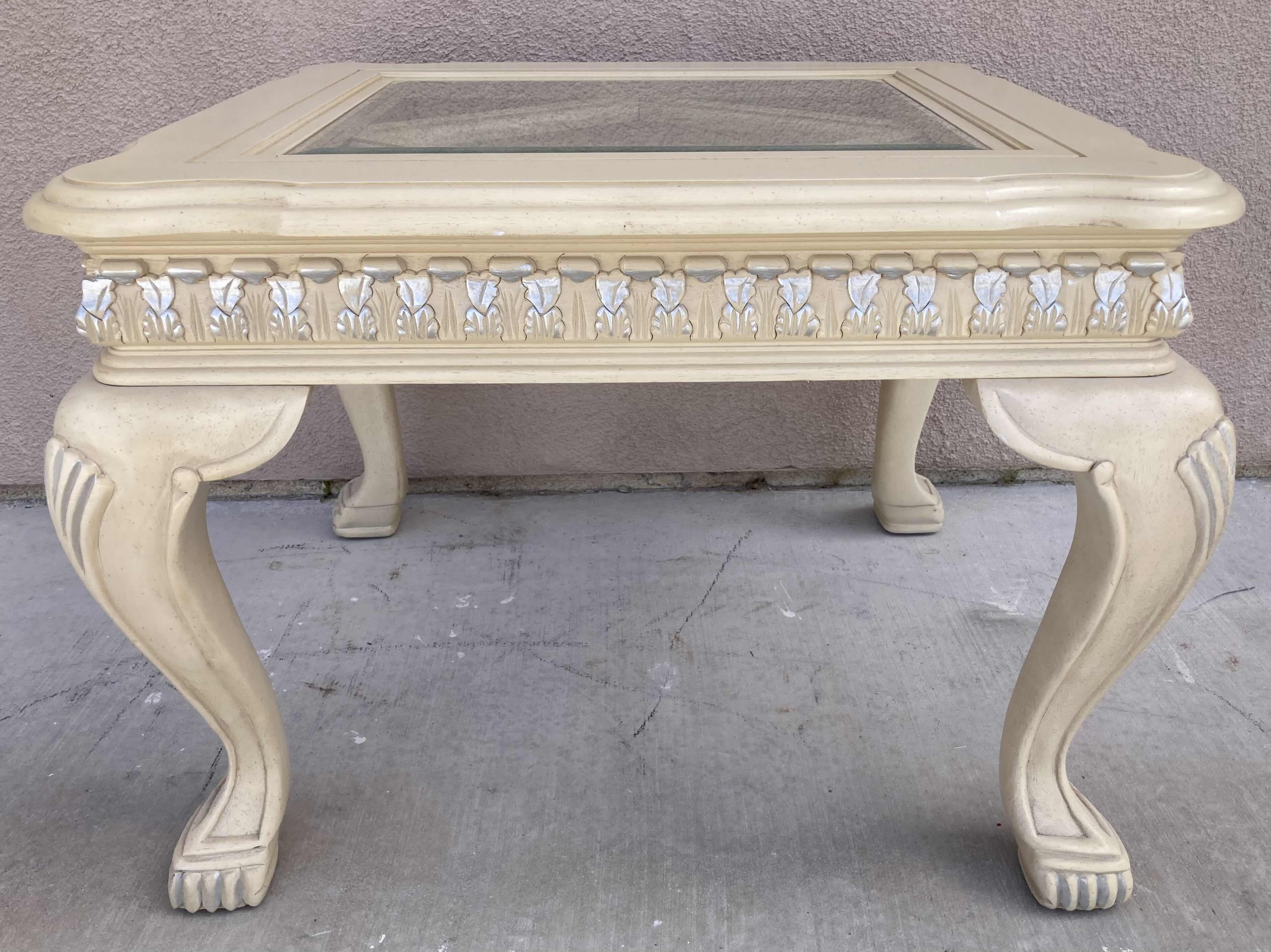 Photo 2 of MID-CENTURY STYLE CREAM W SILVER ACCENTED WOOD FINISH GLASS TOP INLAY END TABLE 25.5” X 28.5” H21.5”