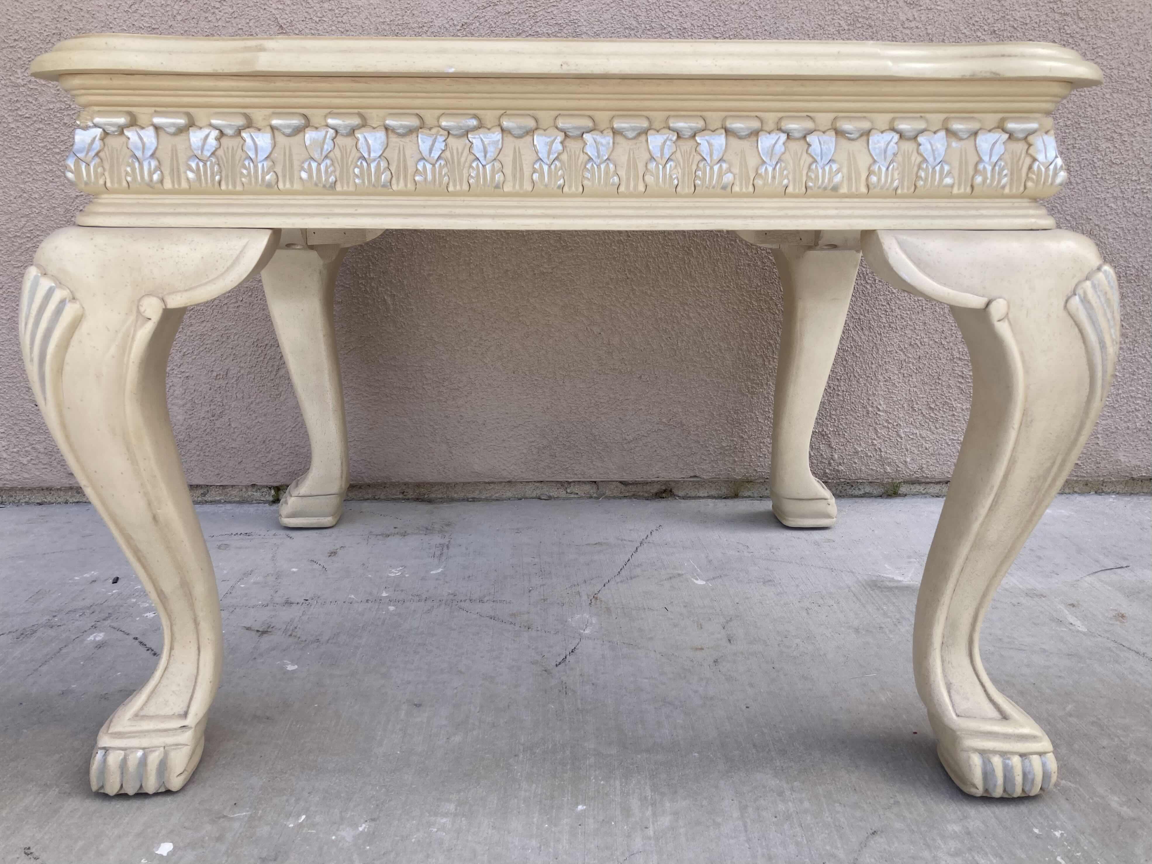 Photo 3 of MID-CENTURY STYLE CREAM W SILVER ACCENTED WOOD FINISH GLASS TOP INLAY END TABLE 25.5” X 28.5” H21.5”