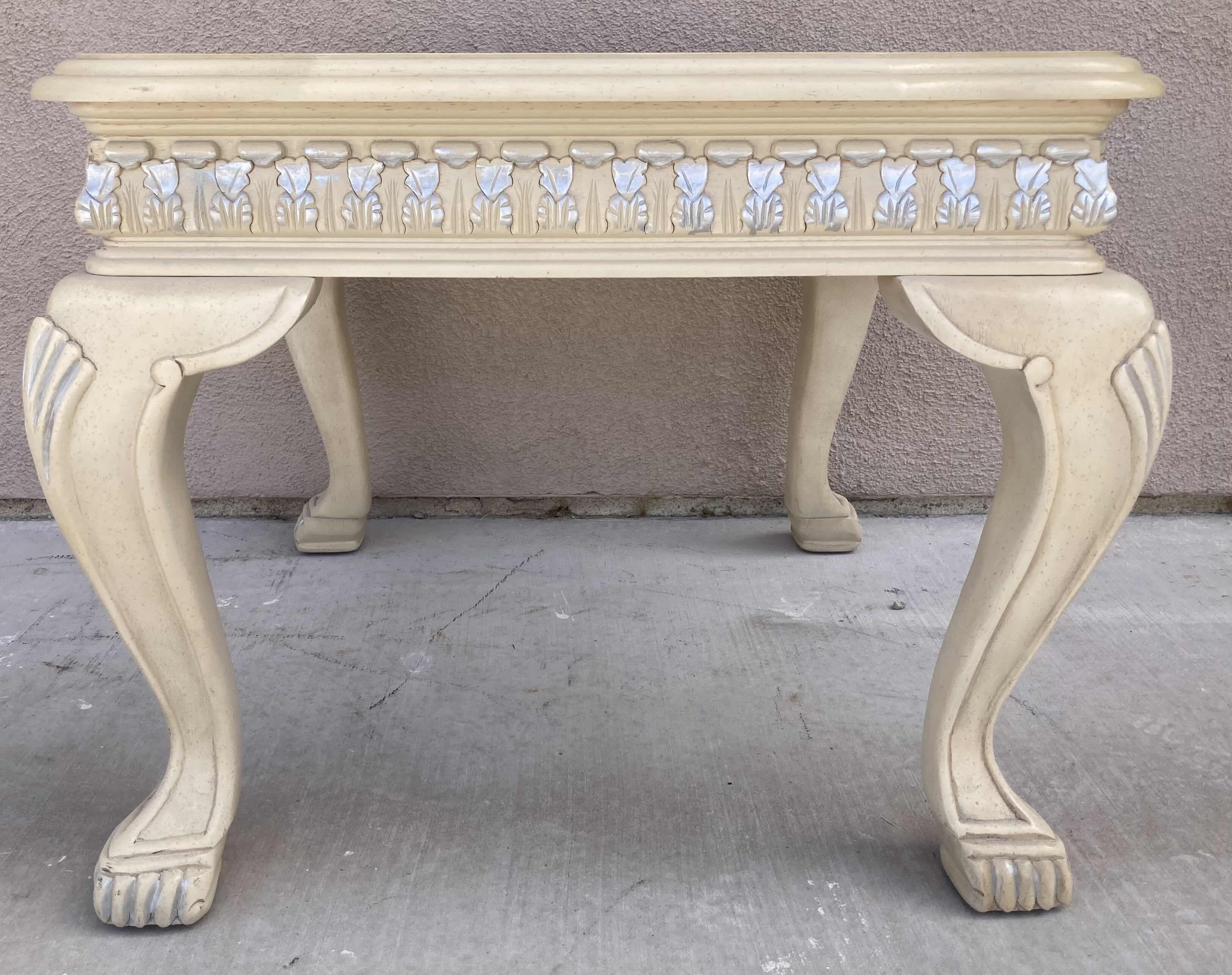 Photo 6 of MID-CENTURY STYLE CREAM W SILVER ACCENTED WOOD FINISH GLASS TOP INLAY END TABLE 25.5” X 28.5” H21.5”