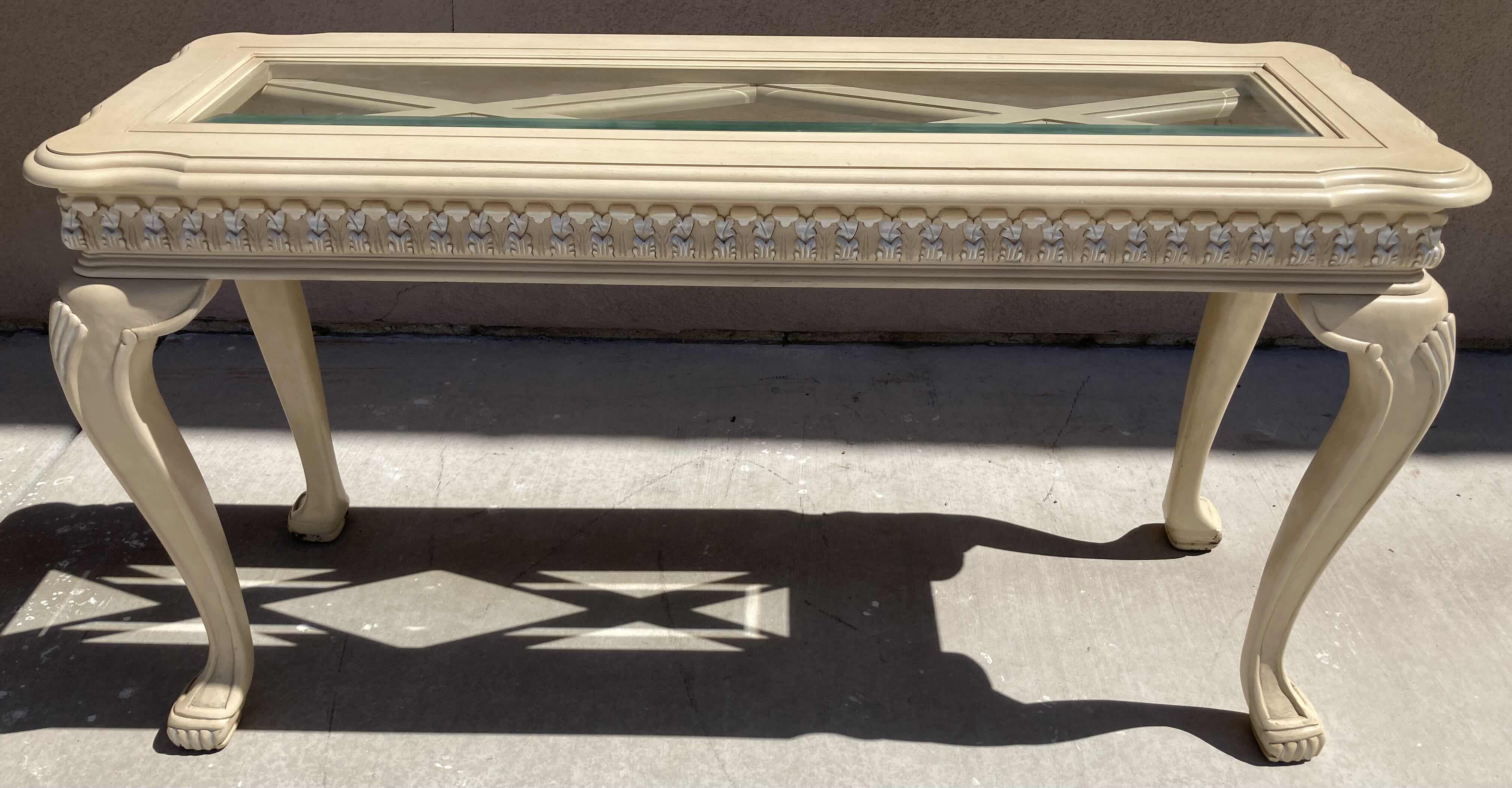 Photo 1 of MID-CENTURY STYLE CREAM W SILVER ACCENTED WOOD FINISH GLASS TOP INLAY CONSOLE TABLE 52” X 18” H28”