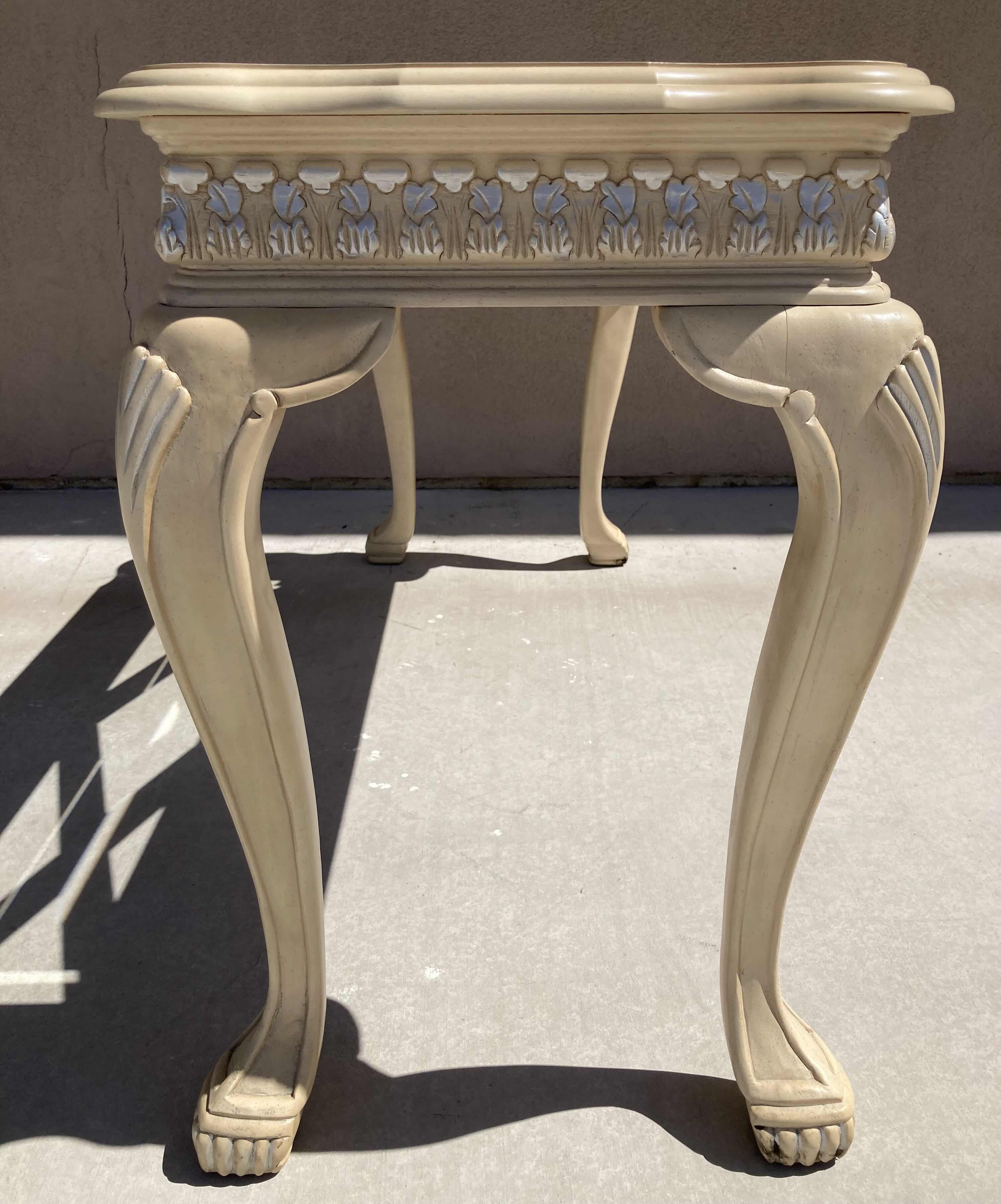 Photo 3 of MID-CENTURY STYLE CREAM W SILVER ACCENTED WOOD FINISH GLASS TOP INLAY CONSOLE TABLE 52” X 18” H28”