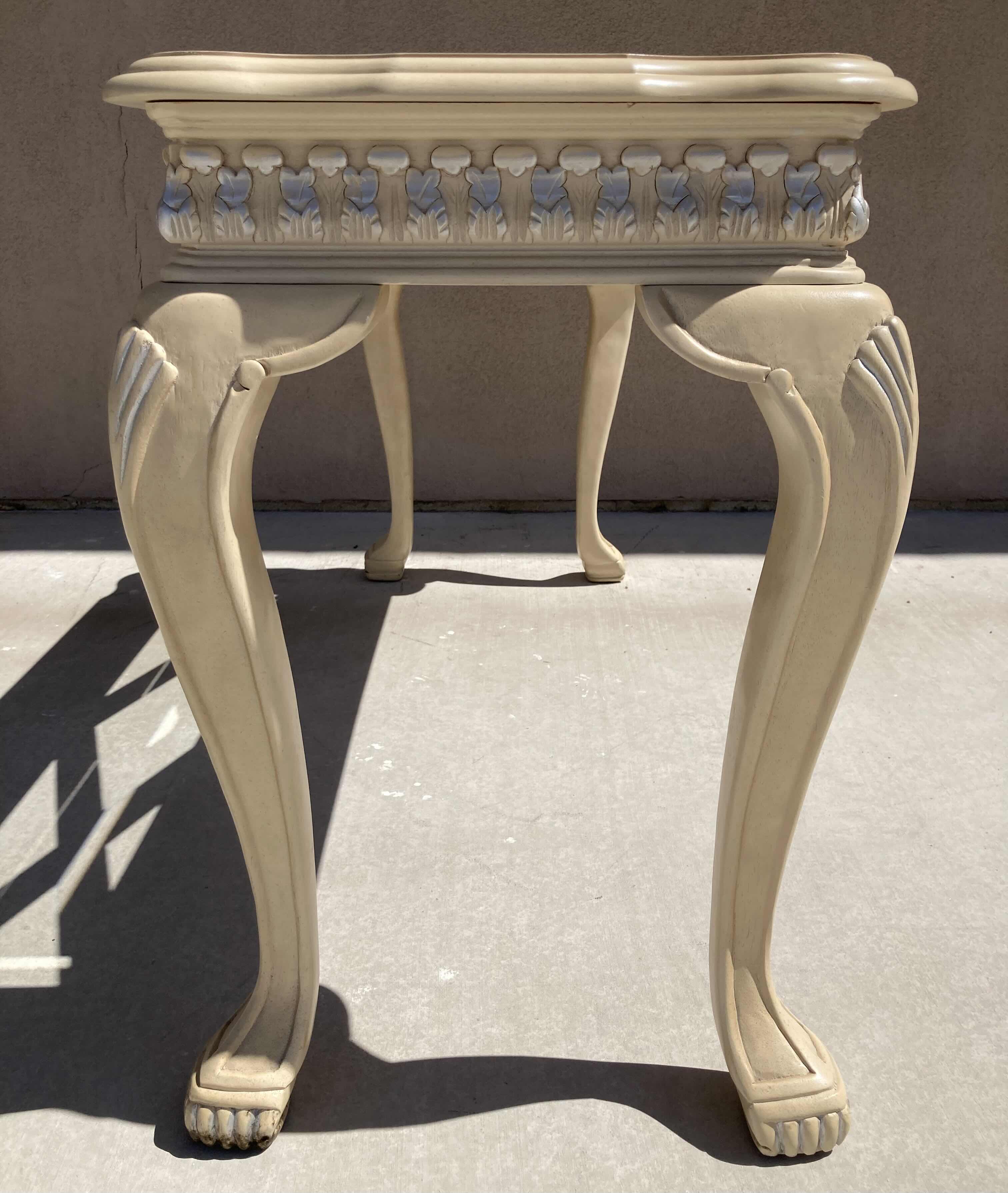 Photo 5 of MID-CENTURY STYLE CREAM W SILVER ACCENTED WOOD FINISH GLASS TOP INLAY CONSOLE TABLE 52” X 18” H28”