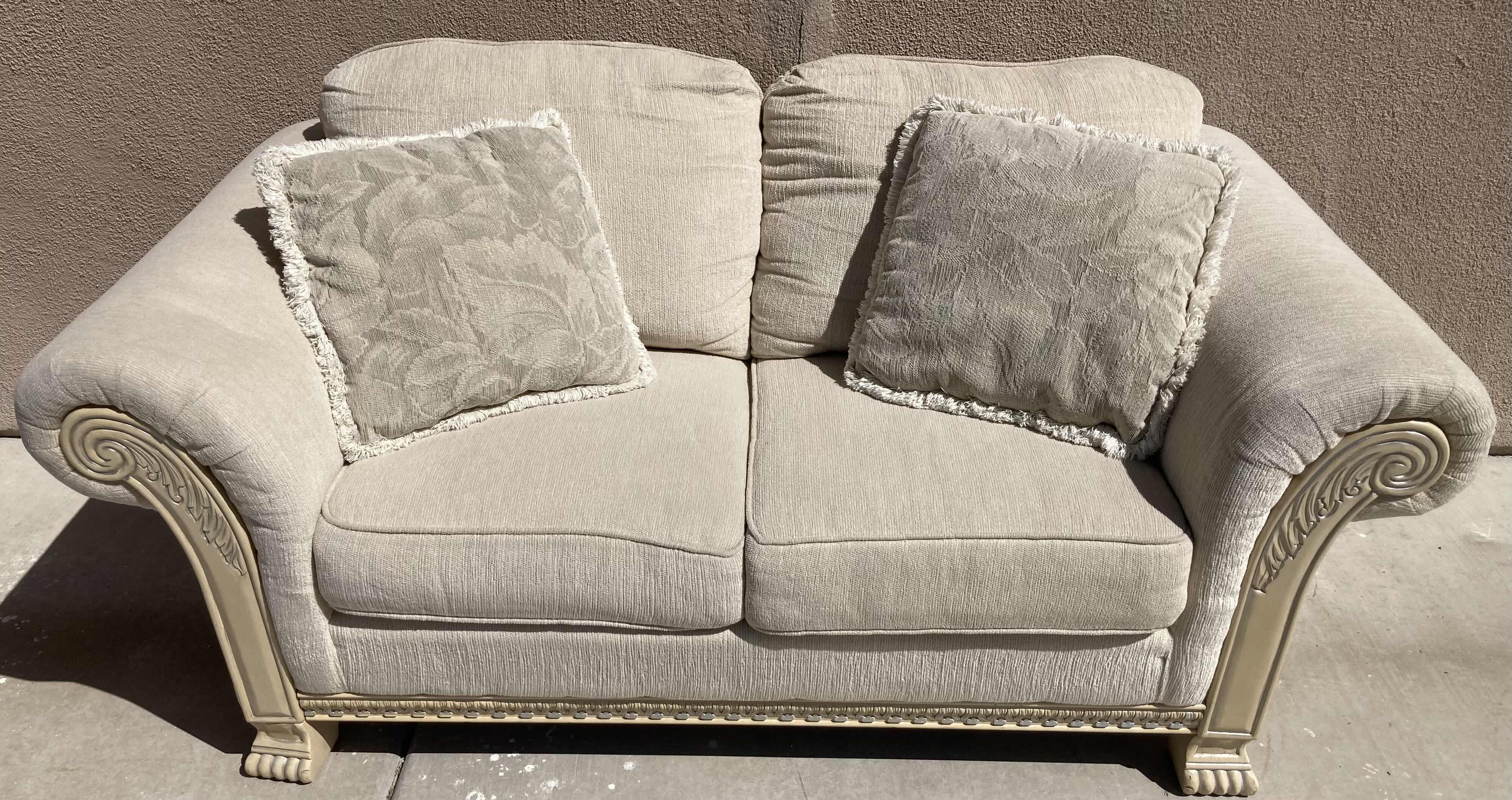 Photo 1 of MID-CENTURY STYLE CREAM TWEED UPHOLSTERY & CREAM W SILVER ACCENTED WOOD FINISH BASE LOVESEAT