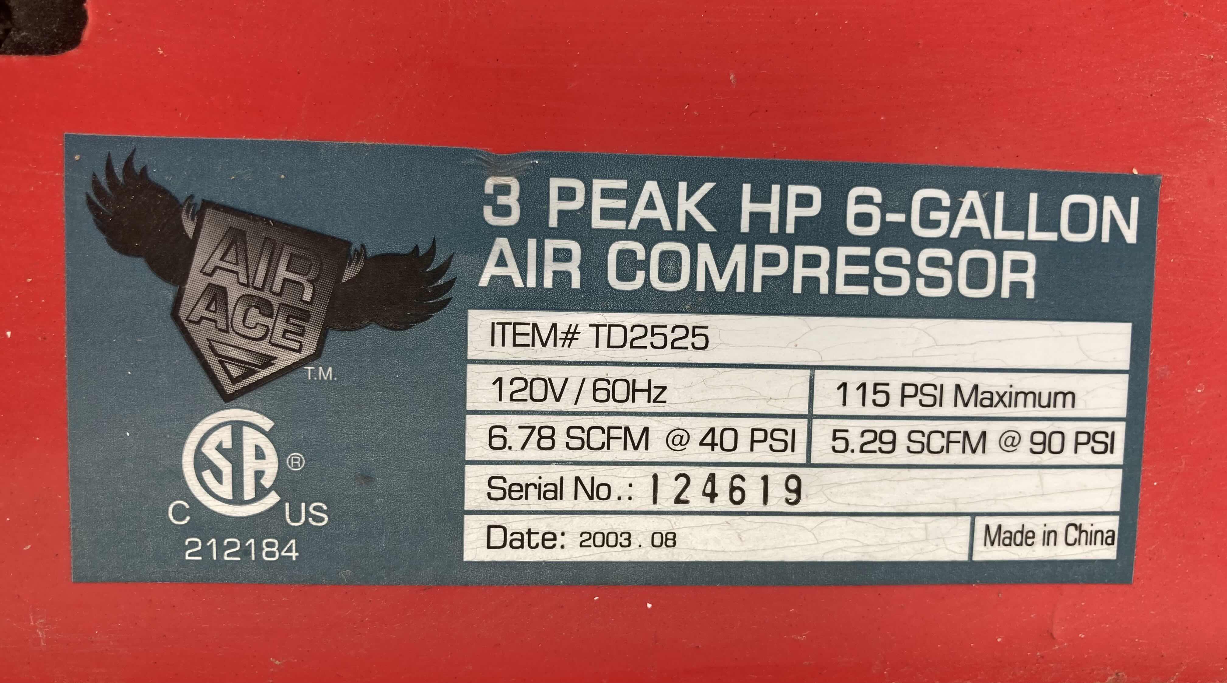 Photo 8 of AIR ACE 3 PEAK 6GAL 115PSI AIR COMPRESSOR MODEL TD2525