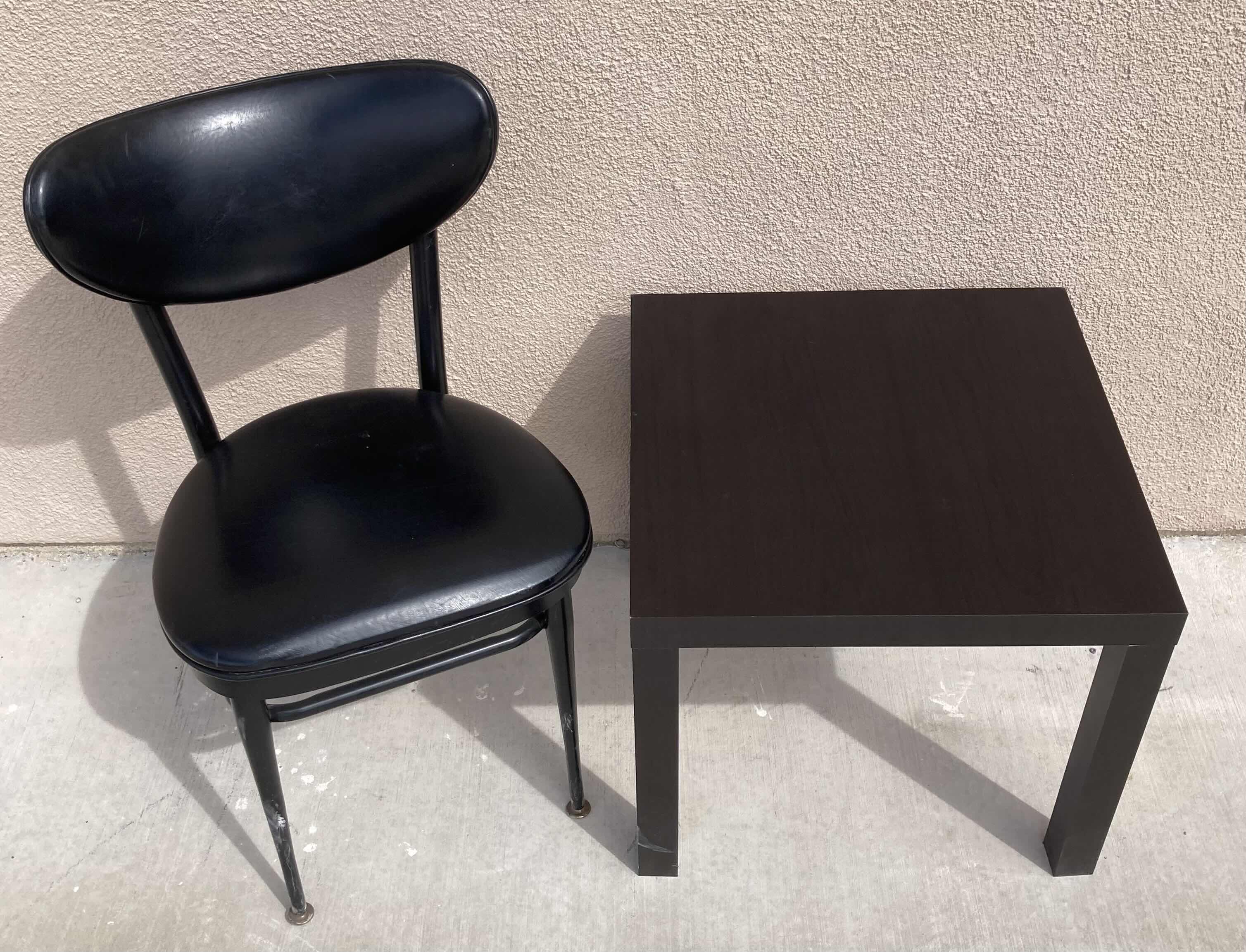Photo 2 of LION BRAND BLACK METAL PADDED CHAIR & DARK WOOD FINISH SIDE TABLE 20” X 20” H18”