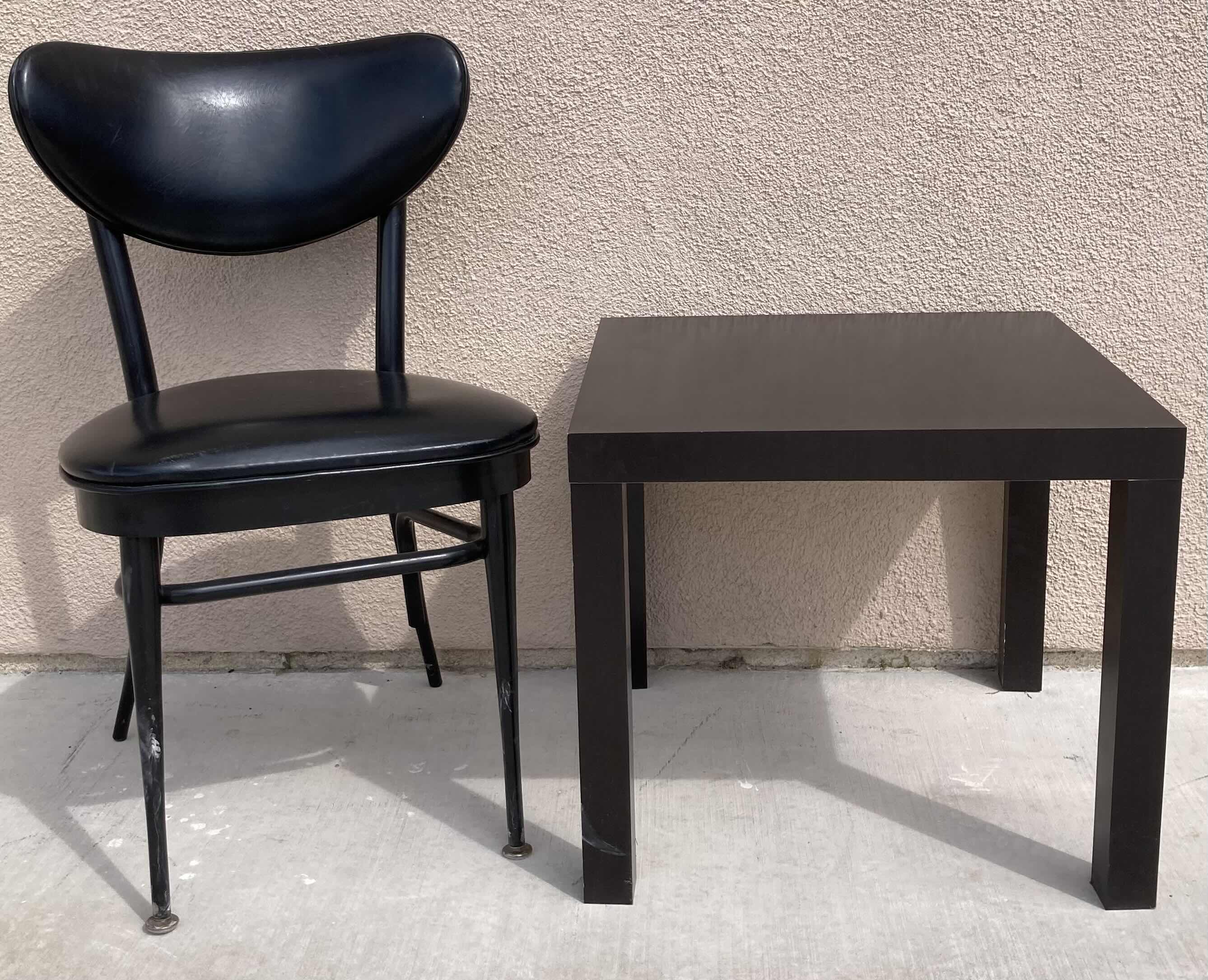 Photo 1 of LION BRAND BLACK METAL PADDED CHAIR & DARK WOOD FINISH SIDE TABLE 20” X 20” H18”