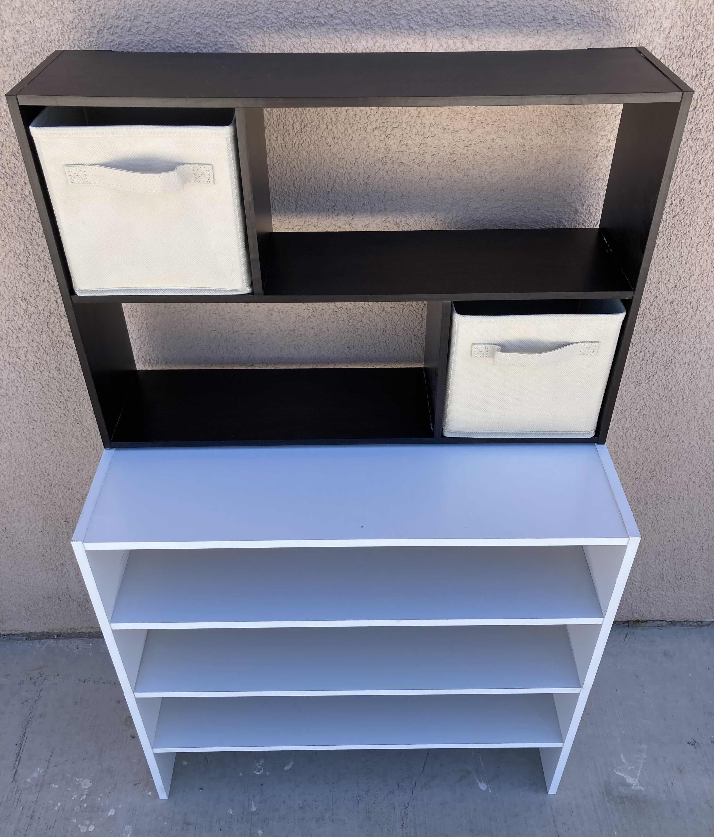 Photo 2 of BLACK FINISH SHELF W 2 DRAWERS 24” X 6” H16” & WHITE FINISH SHOE SHELF 24” X 11.5” H23”