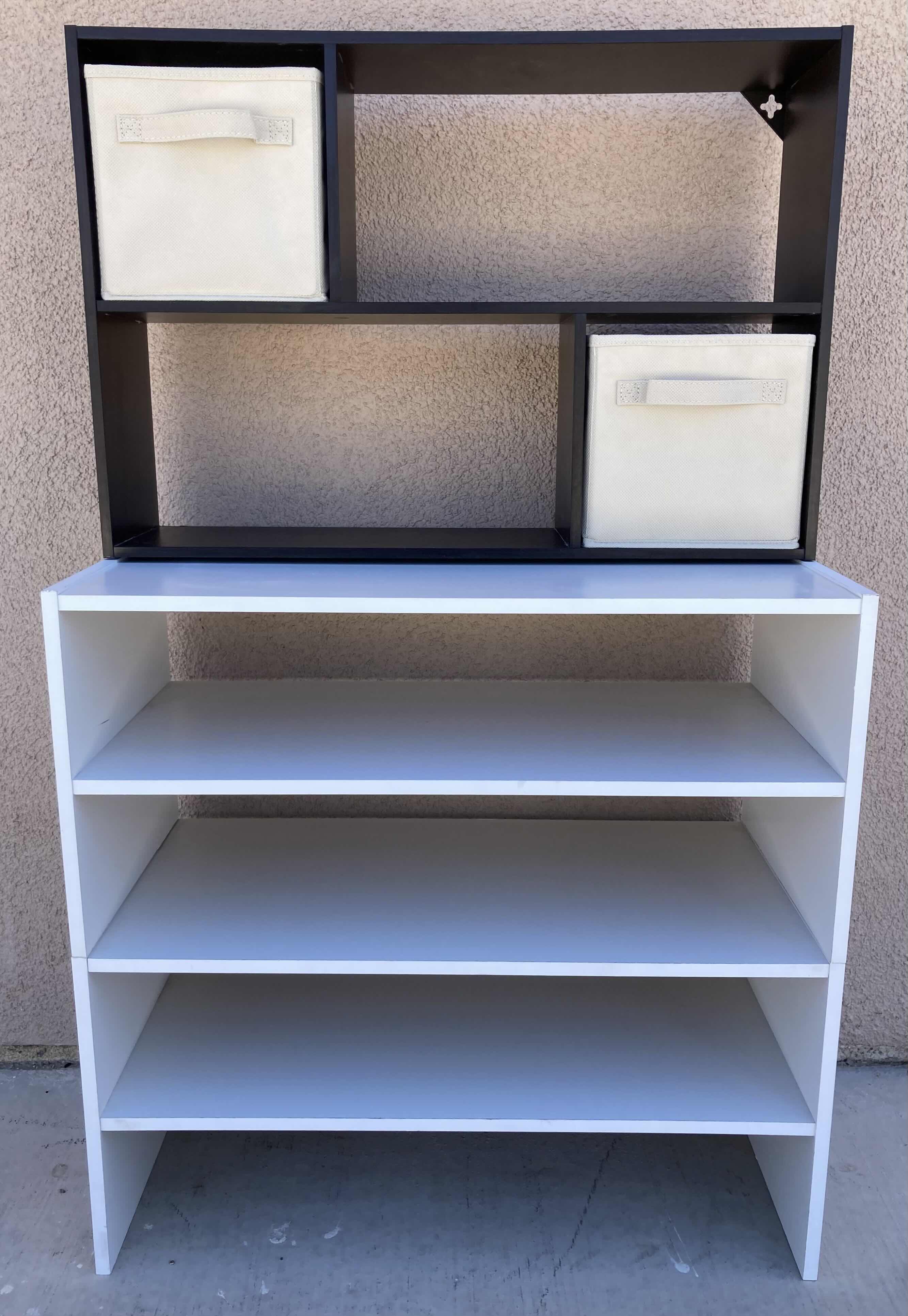 Photo 1 of BLACK FINISH SHELF W 2 DRAWERS 24” X 6” H16” & WHITE FINISH SHOE SHELF 24” X 11.5” H23”