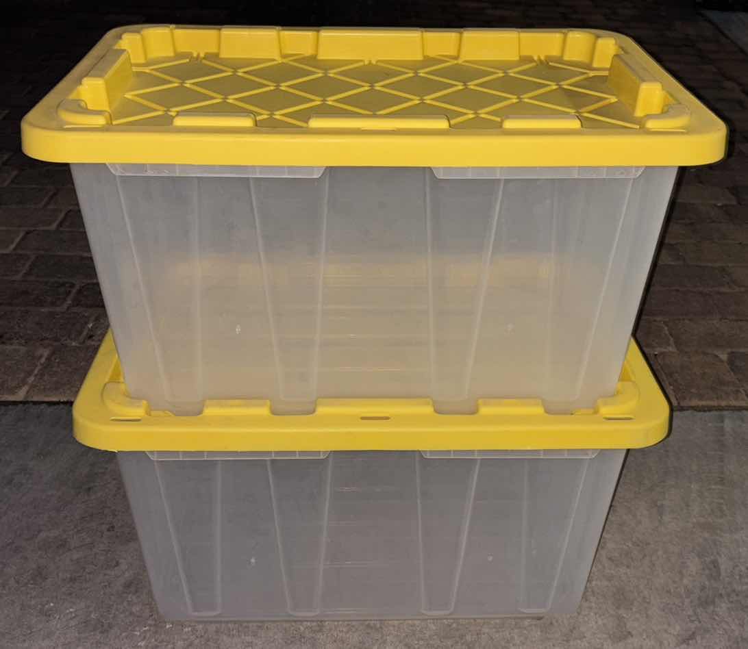 Photo 1 of HDX 27 GAL TOUGH TOTE IN CLEAR W YELLOW LID (2)