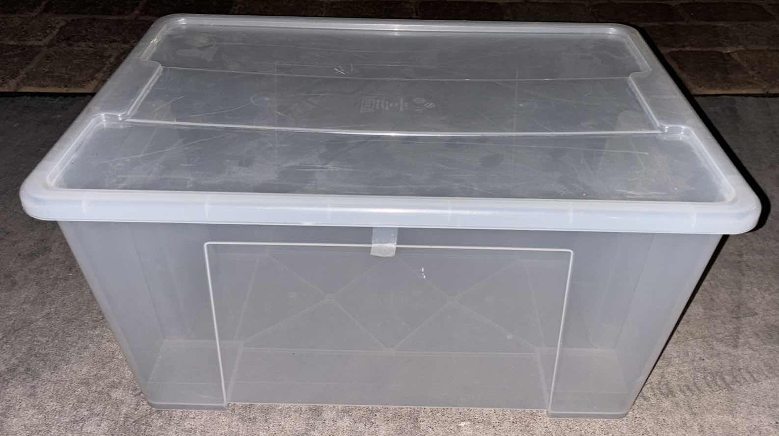 Photo 3 of HEFTY 40 QUART HI-RISE STORAGE BIN W LID & IKEA SAMLA 12 GAL CLEAR STORAGE BIN W LID