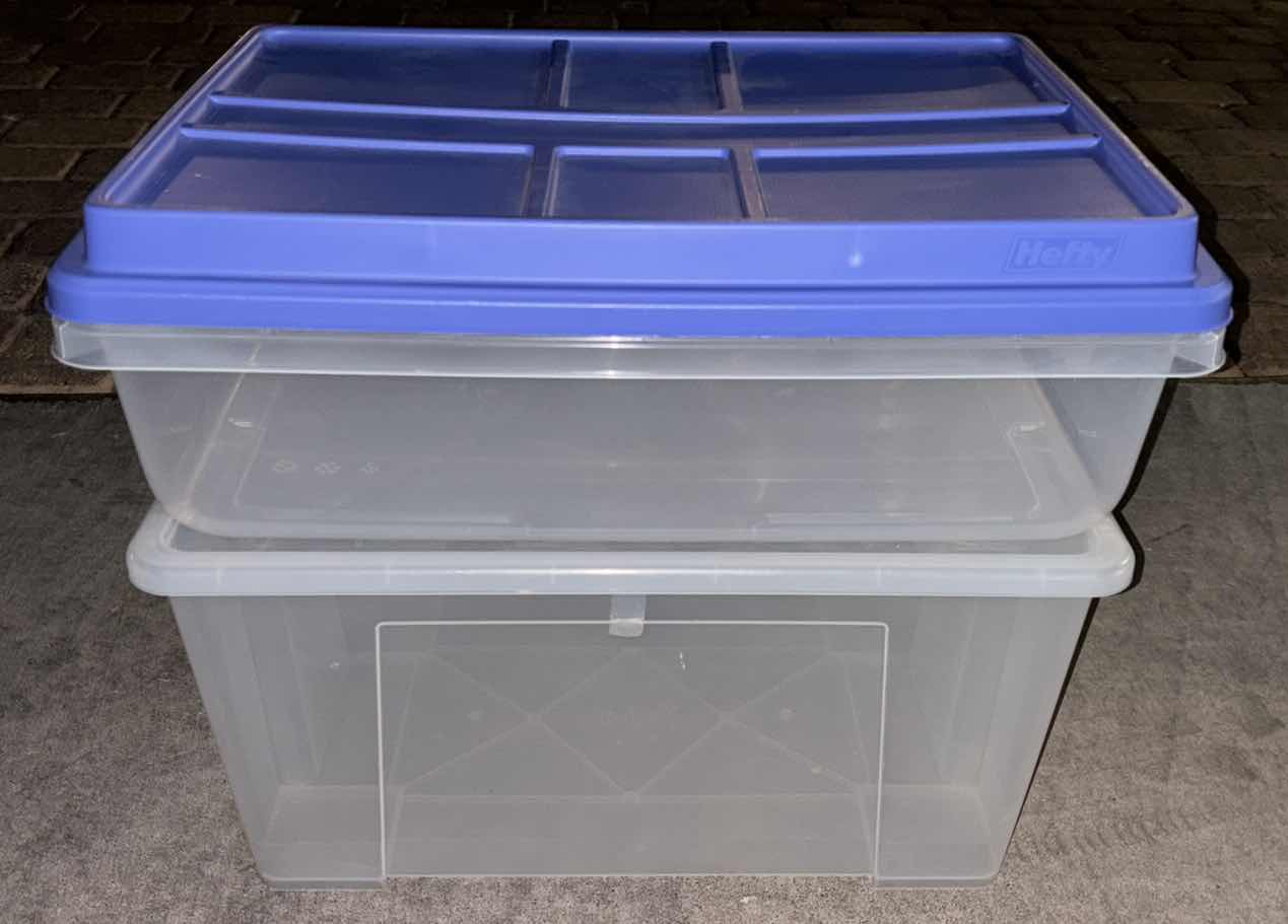 Photo 2 of HEFTY 40 QUART HI-RISE STORAGE BIN W LID & IKEA SAMLA 12 GAL CLEAR STORAGE BIN W LID