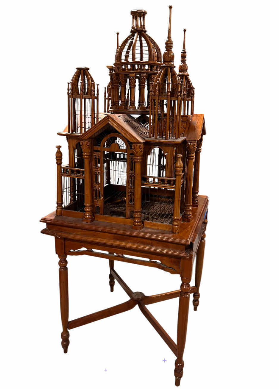 Photo 1 of MAITLAND SMITH MAHOGANY WOOD CATHEDRAL BIRDCAGE 27” X 26.5” H65” (READ NOTES)