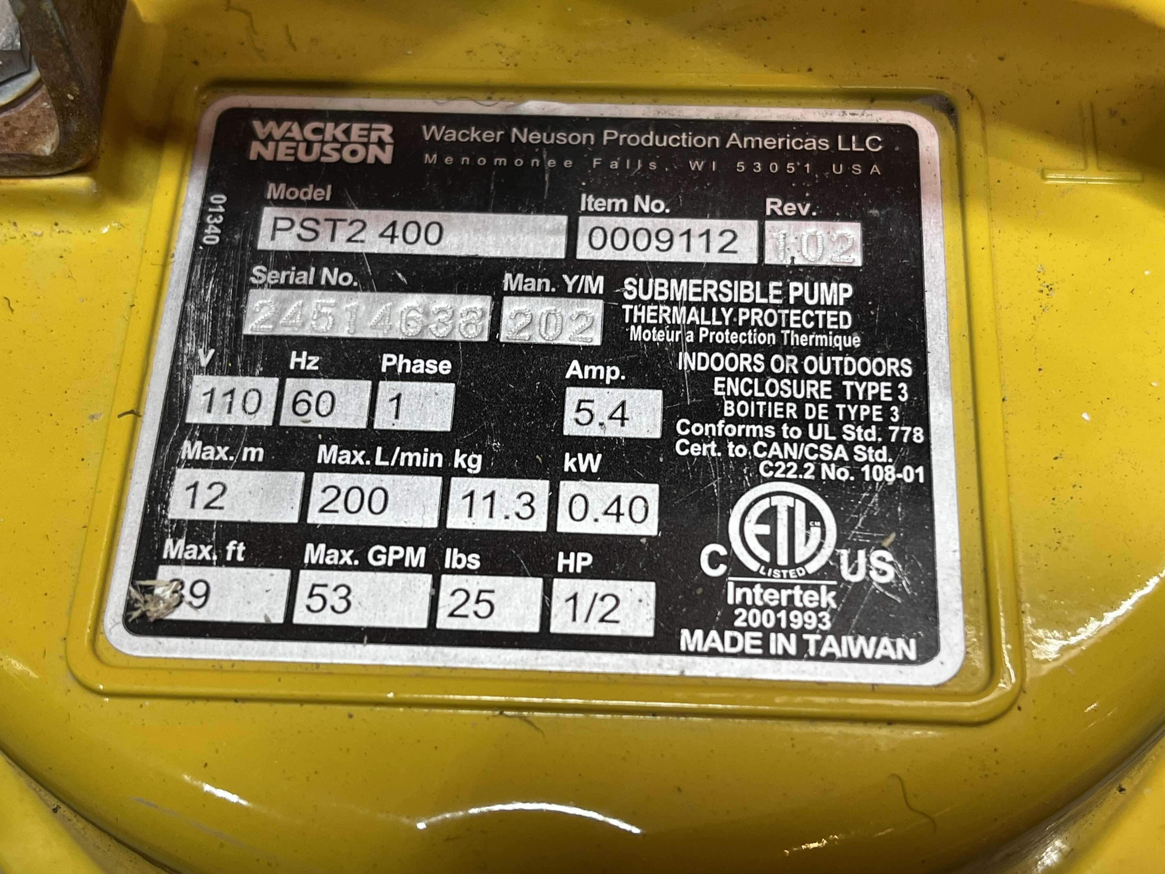 Photo 1 of WACKER NEUSON HEAVY-DUTY 1/2HP UTILITY SUBMERSIBLE WATER PUMP MODEL PST2 400 W PVC 2” 90PSI PUMP HOSE