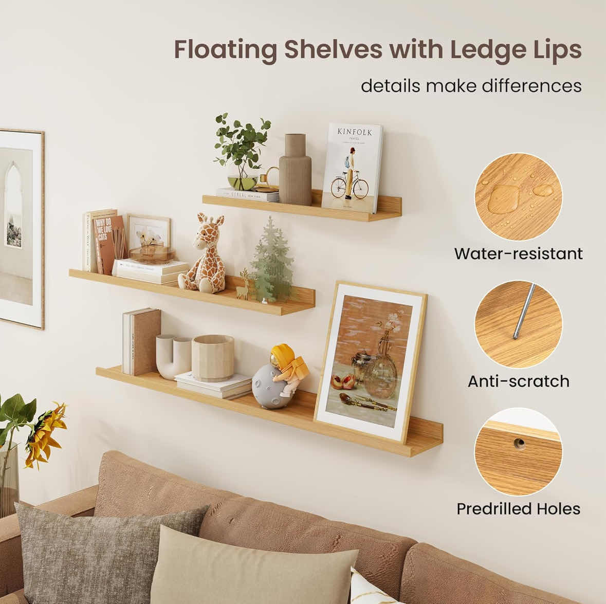 Photo 1 of NEW AXEMAN 3-PACK PICTURE LEDGE SHELVES, 24” FLOATING SHELVES W LIP, OAK FINISH