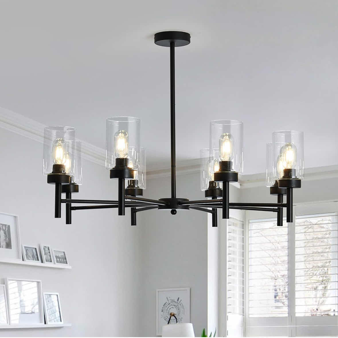 Photo 1 of NEW BLACK FARMHOUSE 8-LIGHT HANGING PENDANT LIGHT FIXTURE W CLEAR GLASS LAMPSHADES