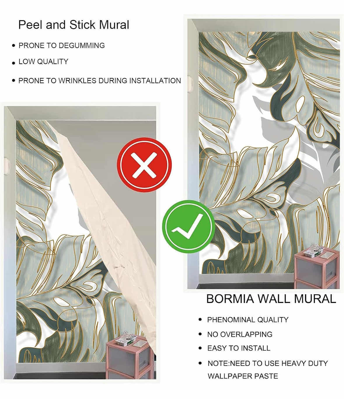Photo 1 of NEW BORMIA WALL MURAL, NON SELF-ADHESIVE HAND PAINTED TROPICAL PLANTS LUXURY WALLPAPER 195” x 130”, LEAF-07