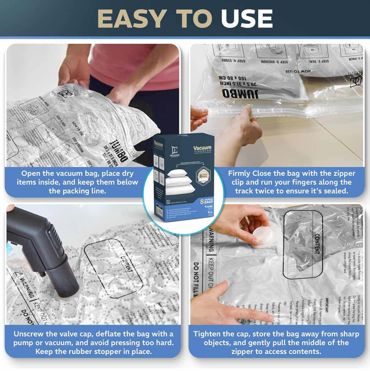 Photo 1 of NEW COLLECTIVE COMFORTS 8-PACK VACUUM SEAL STORAGE BAGS (4 JUMBO 39.5” x 31.5”, 4 XXL 47” X 35”)