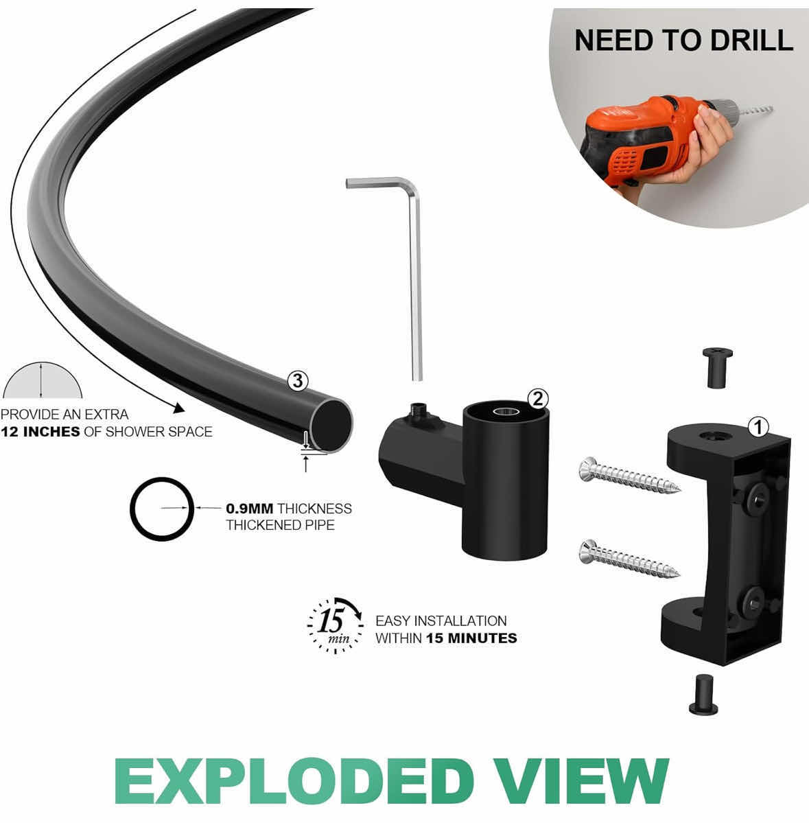 Photo 1 of NEW PRETTY HOME ADJUSTABLE ARCHED/CURVED SHOWER CURTAIN ROD, RUSTPROOF EXPANDABLE ALUMINUM METAL SHOWER ROD 38”-72”, BLACK (NEED TO DRILL)