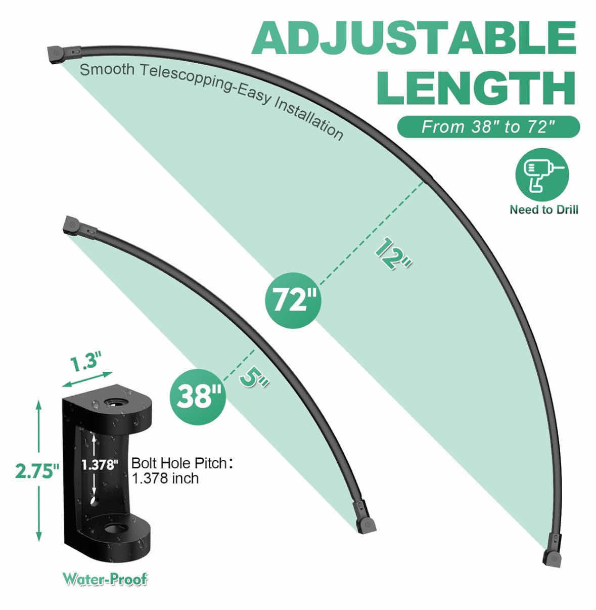 Photo 1 of NEW PRETTY HOME ADJUSTABLE ARCHED/CURVED SHOWER CURTAIN ROD, RUSTPROOF EXPANDABLE ALUMINUM METAL SHOWER ROD 38”-72”, BLACK (NEED TO DRILL)