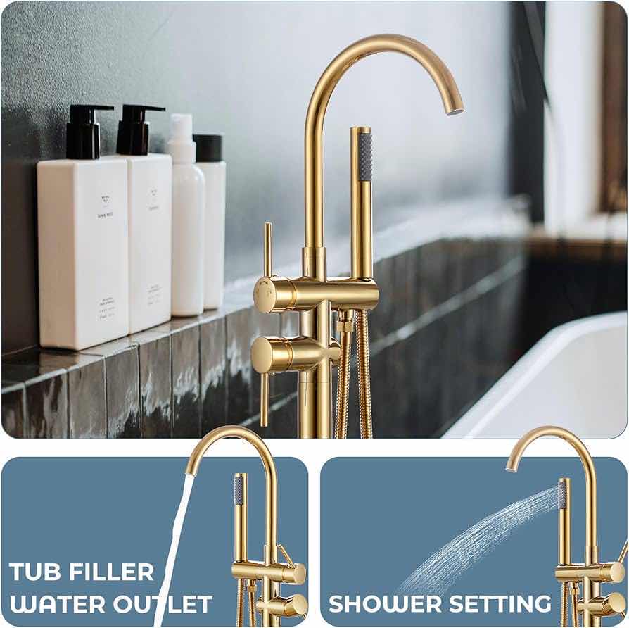 Photo 1 of NEW YAGATAP FREESTANDING BATHTUB FAUCET FLOOR MOUNT TUB FILLER, HIGH FLOW SHOWER FAUCET W HANDHELD SHOWER MIXER TAPS & SWIVEL SPOUT (BRUSHED GOLD)