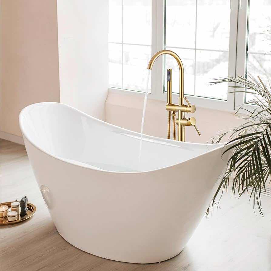 Photo 1 of NEW YAGATAP FREESTANDING BATHTUB FAUCET FLOOR MOUNT TUB FILLER, HIGH FLOW SHOWER FAUCET W HANDHELD SHOWER MIXER TAPS & SWIVEL SPOUT (BRUSHED GOLD)