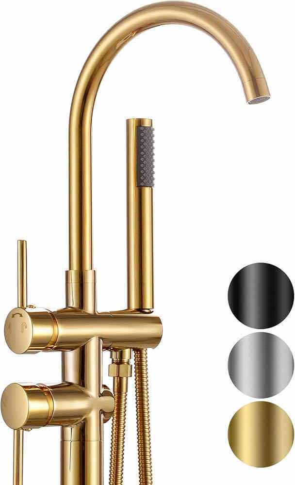 Photo 1 of NEW YAGATAP FREESTANDING BATHTUB FAUCET FLOOR MOUNT TUB FILLER, HIGH FLOW SHOWER FAUCET W HANDHELD SHOWER MIXER TAPS & SWIVEL SPOUT (BRUSHED GOLD)