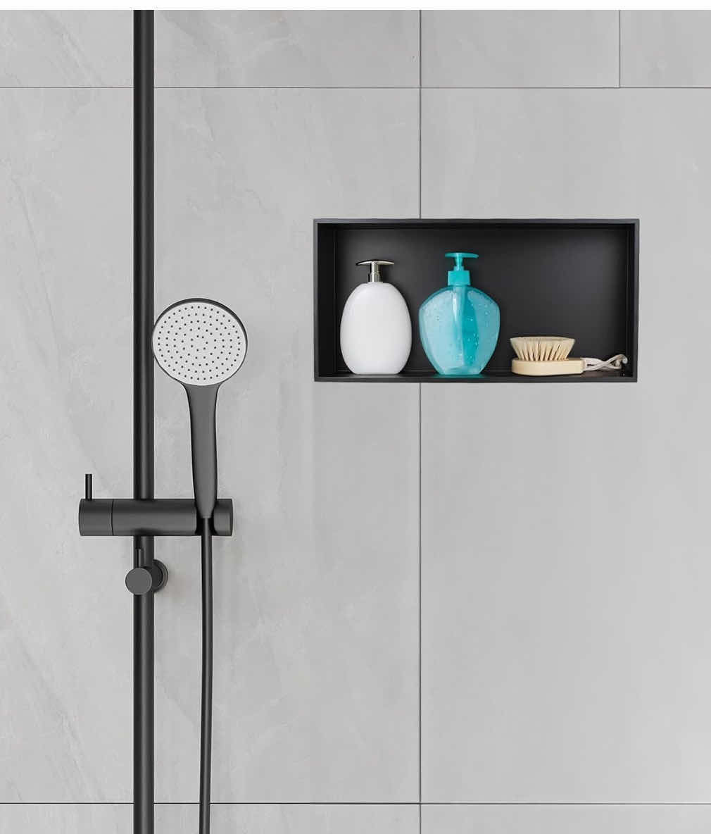Photo 1 of NEW UNI-GREEN STAINLESS STEEL SHOWER NICHE, NO TILE NEEDED RECESSED SHOWER SHELF ORGANIZER/STORAGE W 2PC MOSAIC MESH, BLACK 3.75” X 24” H12”