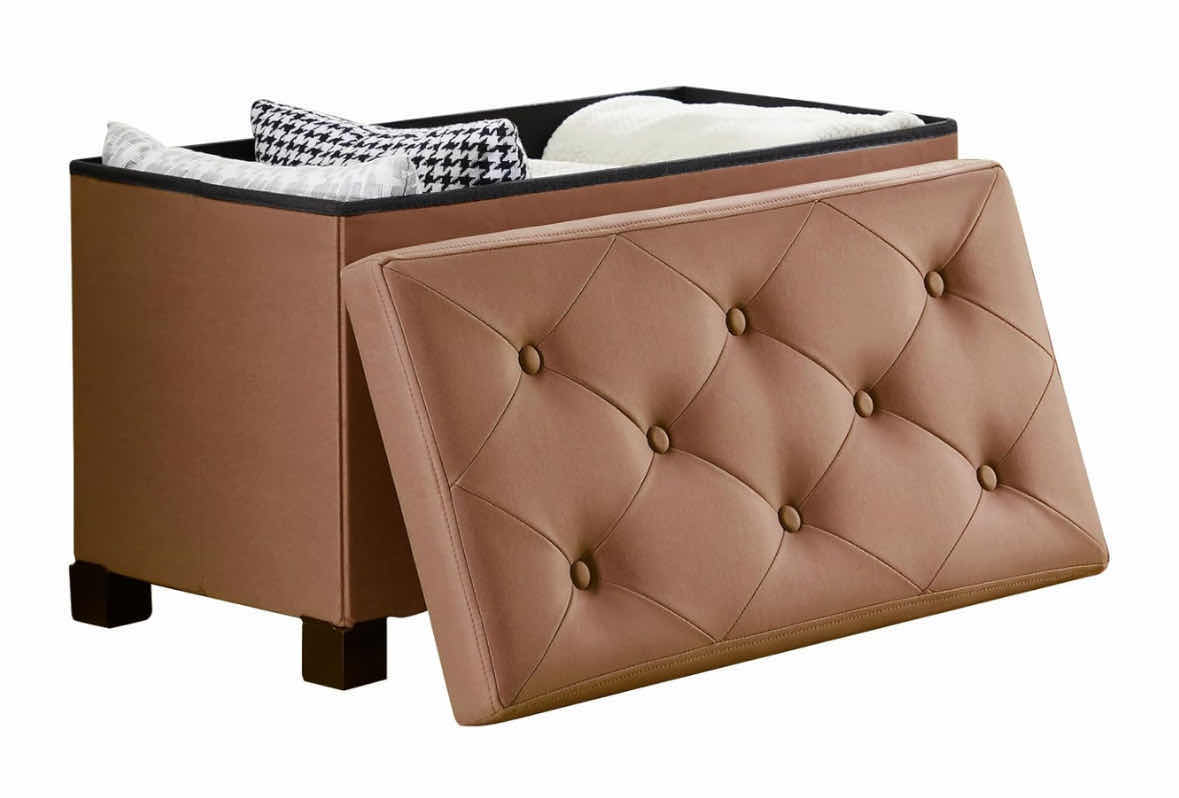 Photo 1 of NEW QUICKHORSE LUXURY FOLDING LEATHER STORAGE OTTOMAN W STORAGE REMOVABLE LID, SUPPORTS 350 LBS 15” X 30” H17” (COLOR: CAMEL)