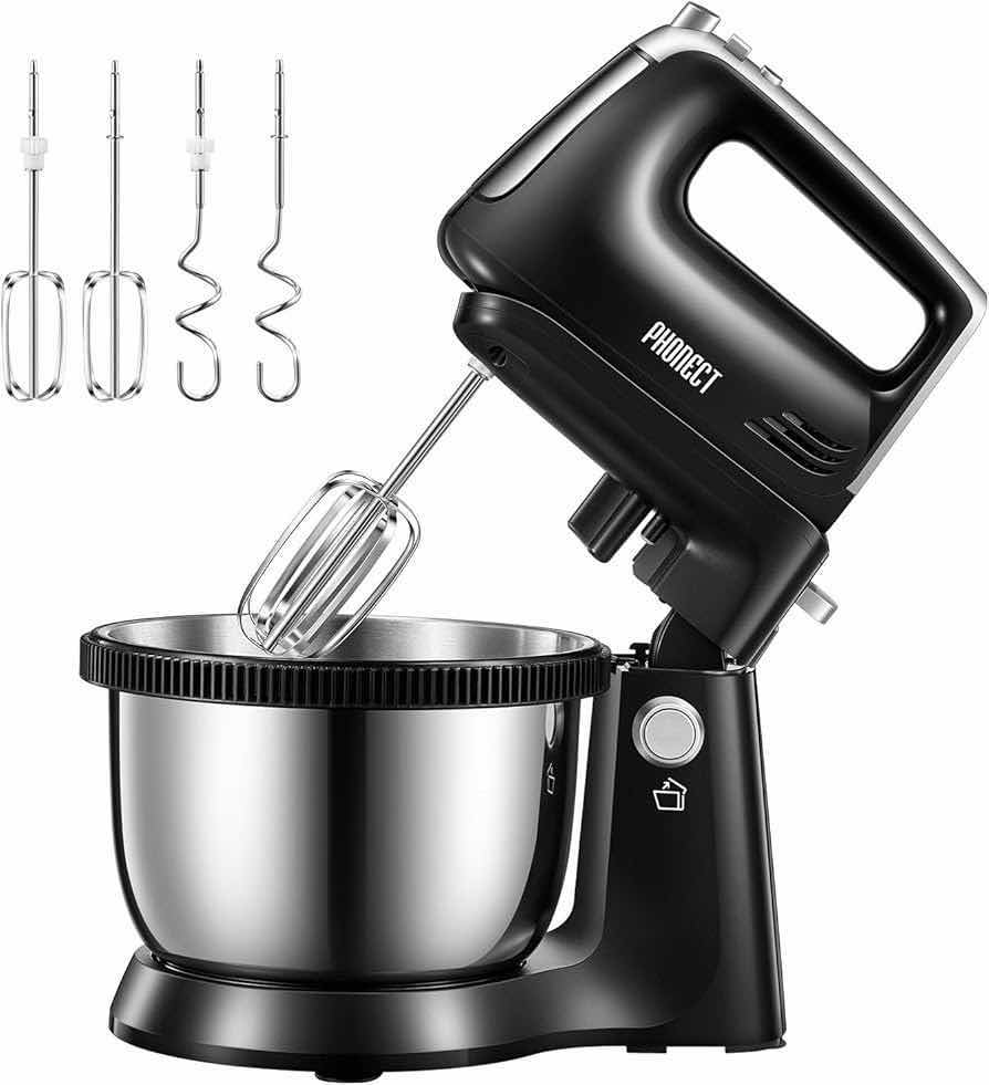Photo 1 of NEW PHONECT ELECTRIC STAND MIXER W DETACHABLE HAND MIXER, 3.7 QT STAINLESS STEEL ROTATING BOWL, 5 SPEED & TURBO FUNCTION W 2 BEATERS/2 DOUGH HOOKS, 250W (BLACK)
