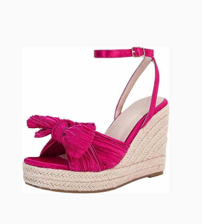 Photo 1 of NEW VETASTE WOMEN’S PLEATED BOW ESPADRILLE PLATFORM WEDGE SANDAL, SQUARE OPEN TOE W ANKLE BUCKLE STRAP (FUSCHIA PINK SIZE 8)