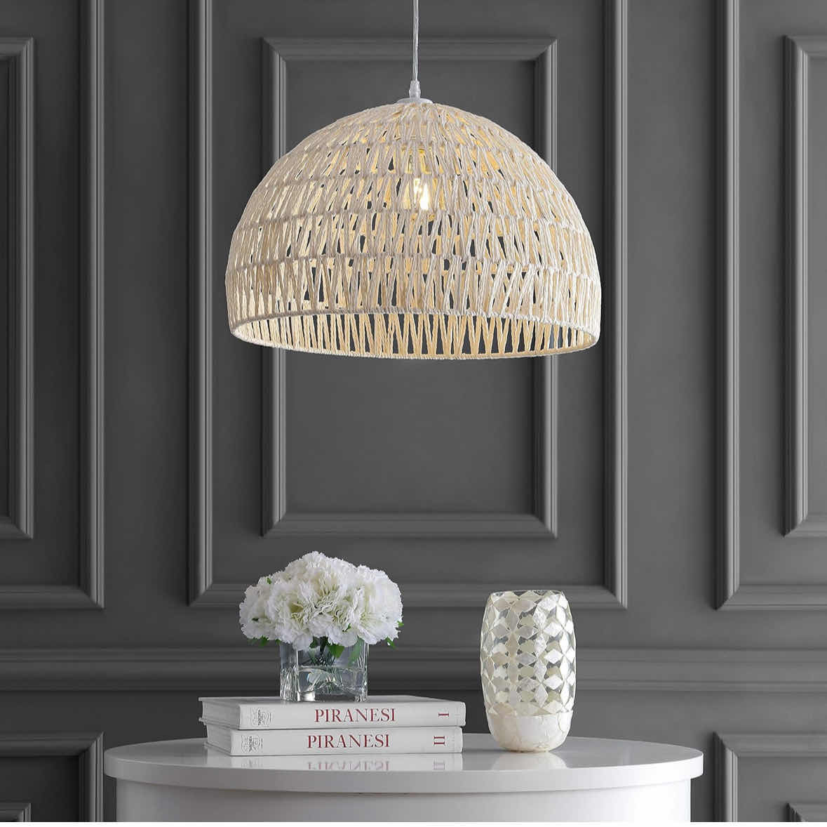 Photo 1 of NEW JONATHAN Y CAMPANA 20” 1-LIGHT BOHEMIAN MODERN WOVEN RATTAN/IRON LED PENDANT, CREAM (JYL6504A)