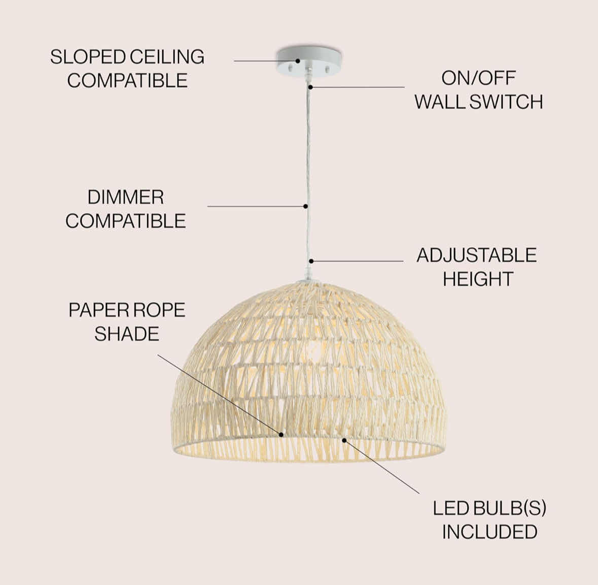 Photo 1 of NEW JONATHAN Y CAMPANA 20” 1-LIGHT BOHEMIAN MODERN WOVEN RATTAN/IRON LED PENDANT, CREAM (JYL6504A)