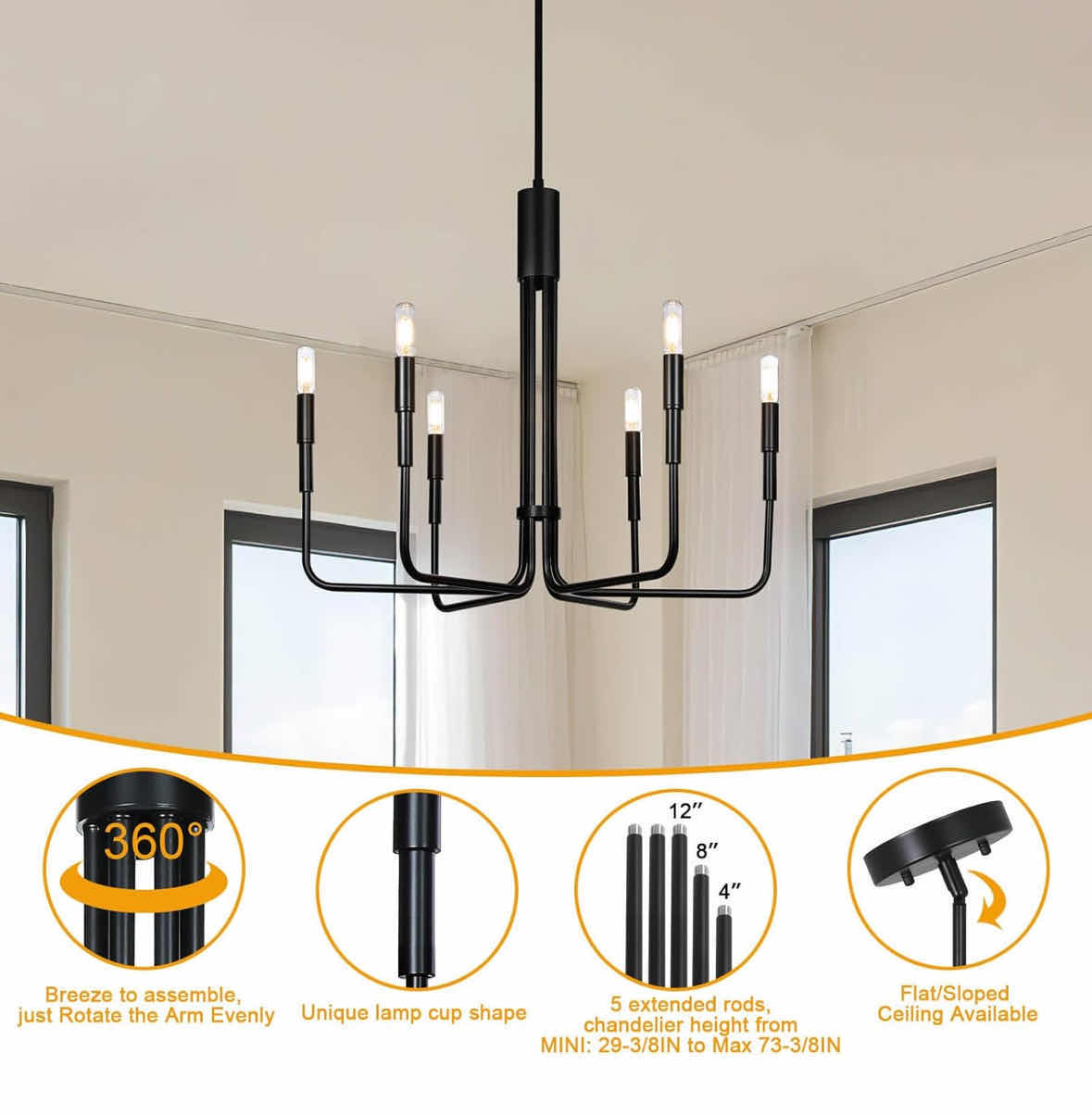 Photo 1 of NEW XiNBEi-LIGHTING 6 LIGHT CHANDELIER, VINTAGE PENDANT LIGHTING, MATTE BLACK FINISH (XB-C1213-6-MBK)