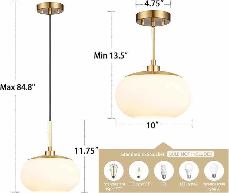 Photo 1 of NEW KAWOTI BRASS ADJUSTABLE PENDANT LIGHT W MILKY GLASS SHADE 10” X 10” H84”