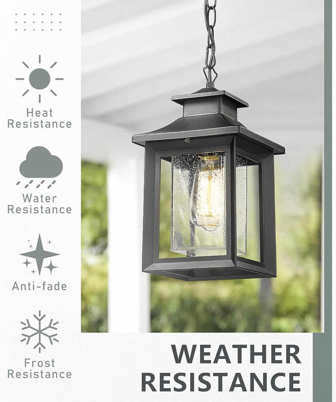 Photo 1 of NEW KAUEN FARMHOUSE OUTDOOR PENDANT LIGHT FIXTURE, BLACK METAL W CLEAR SEEDED GLASS, HEIGHT ADJUSTABLE EXTERIOR LANTERN (2455-1H)