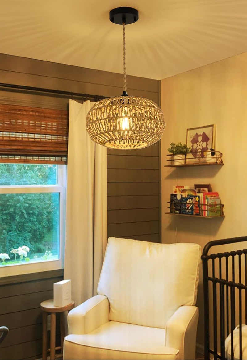 Photo 1 of NEW STEPEAK RUSTIC WICKER HAND WOVEN ROPE CAGE BASKET RATTAN PENDANT LIGHT, BOHO CHANDELIER LIGHT FIXTURE