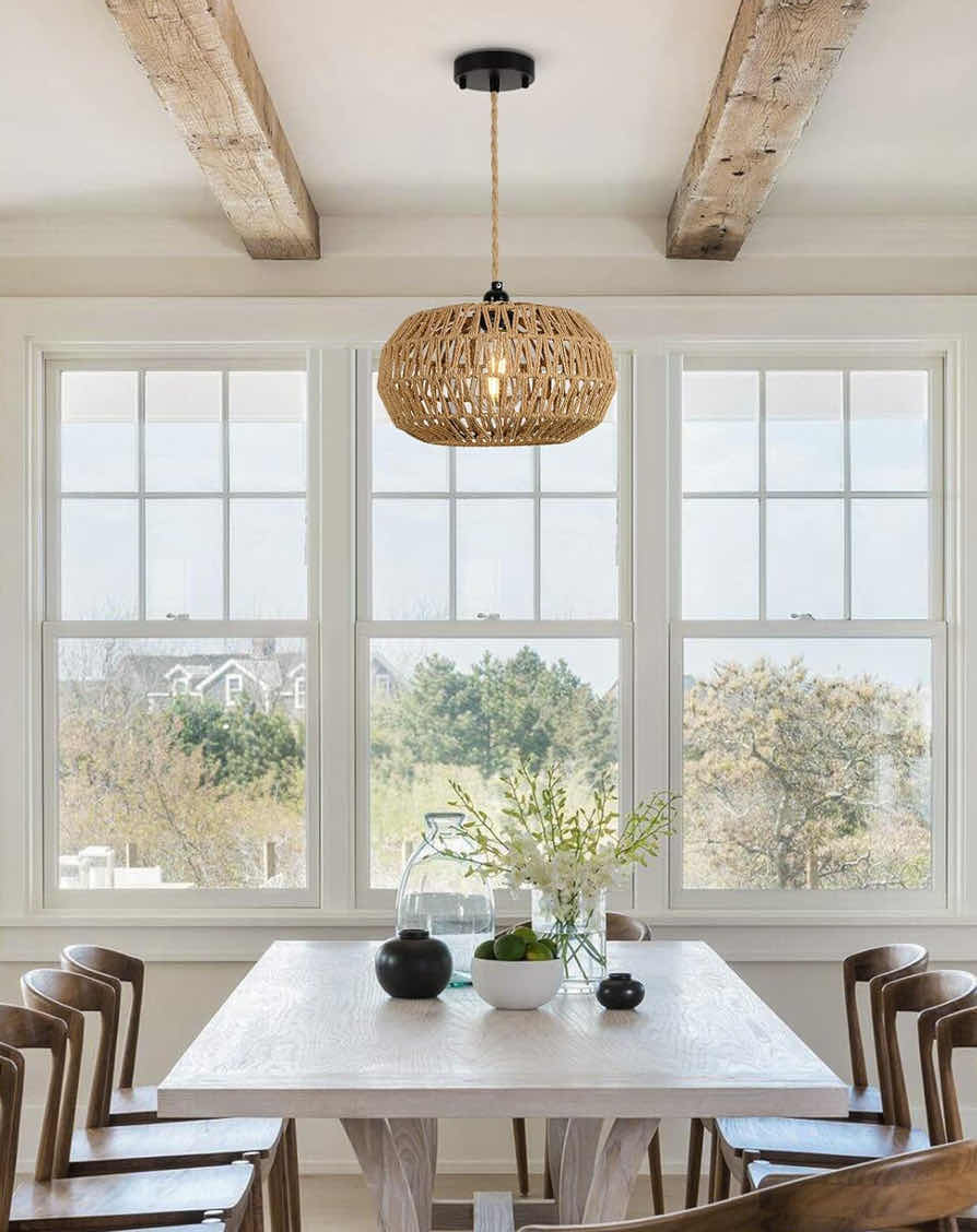 Photo 1 of NEW STEPEAK RUSTIC WICKER HAND WOVEN ROPE CAGE BASKET RATTAN PENDANT LIGHT, BOHO CHANDELIER LIGHT FIXTURE
