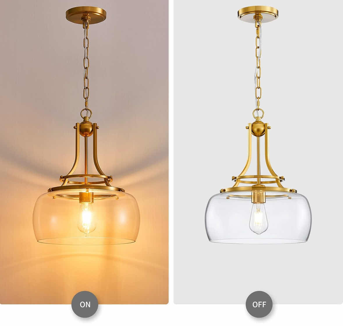 Photo 1 of NEW WUZUPS INDUSTRIAL ROUND CEILING PENDANT LIGHT FIXTURE/CHANDELIER W CLEAR GLASS SHADE, BRUSHED GOLD