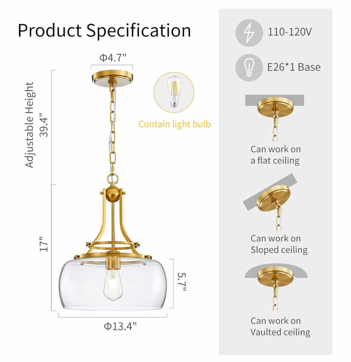 Photo 1 of NEW WUZUPS INDUSTRIAL ROUND CEILING PENDANT LIGHT FIXTURE/CHANDELIER W CLEAR GLASS SHADE, BRUSHED GOLD