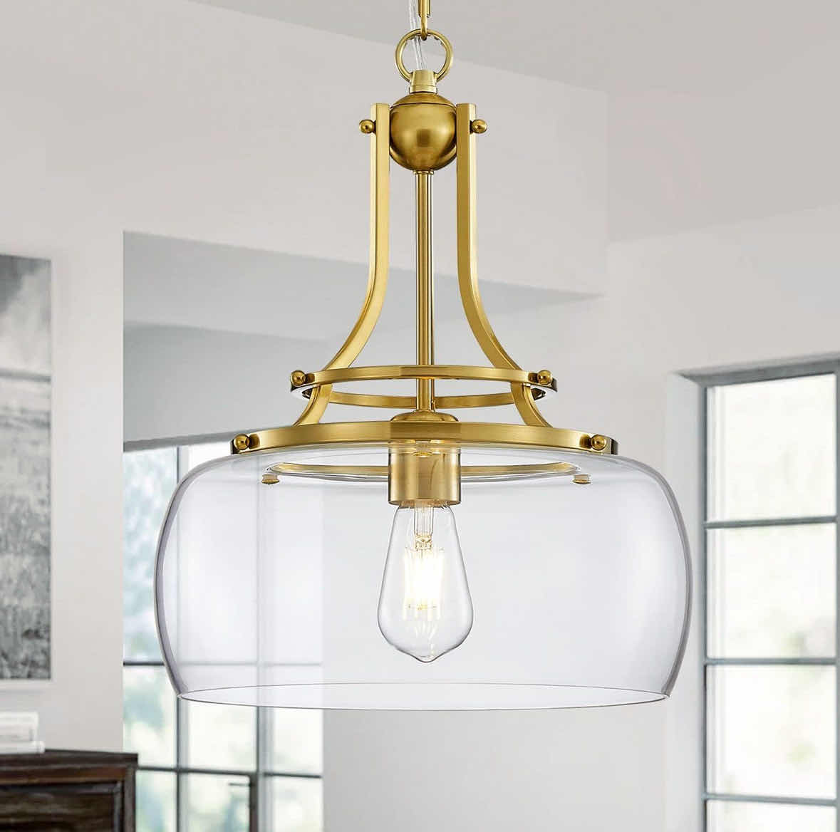Photo 1 of NEW WUZUPS INDUSTRIAL ROUND CEILING PENDANT LIGHT FIXTURE/CHANDELIER W CLEAR GLASS SHADE, BRUSHED GOLD