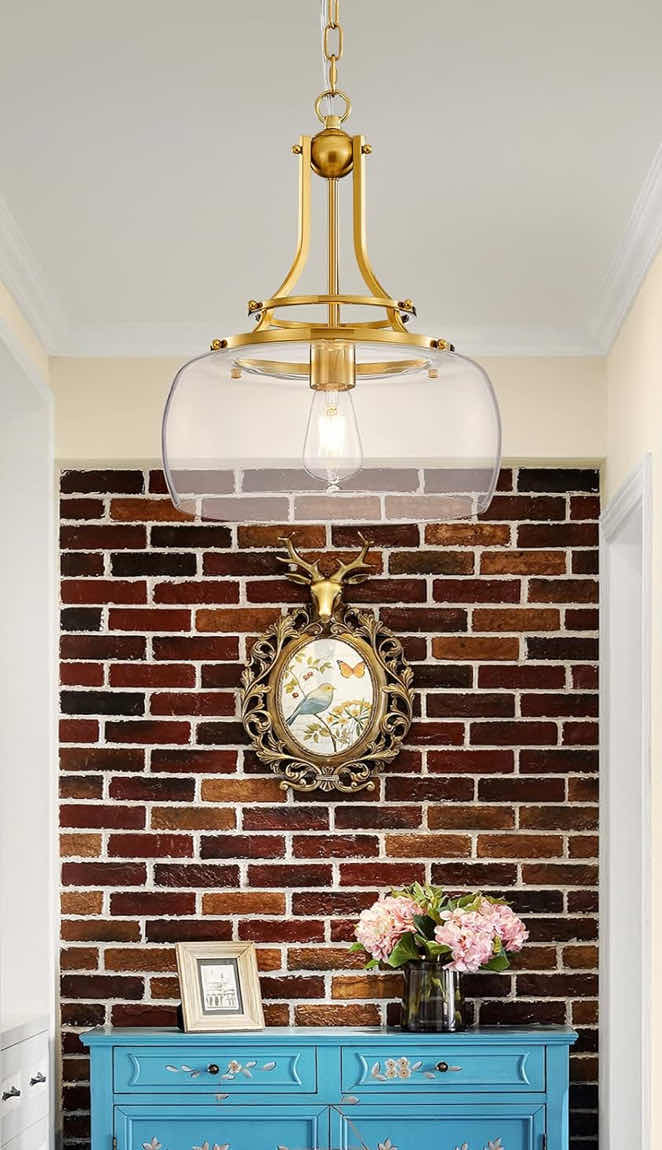 Photo 1 of NEW WUZUPS INDUSTRIAL ROUND CEILING PENDANT LIGHT FIXTURE/CHANDELIER W CLEAR GLASS SHADE, BRUSHED GOLD