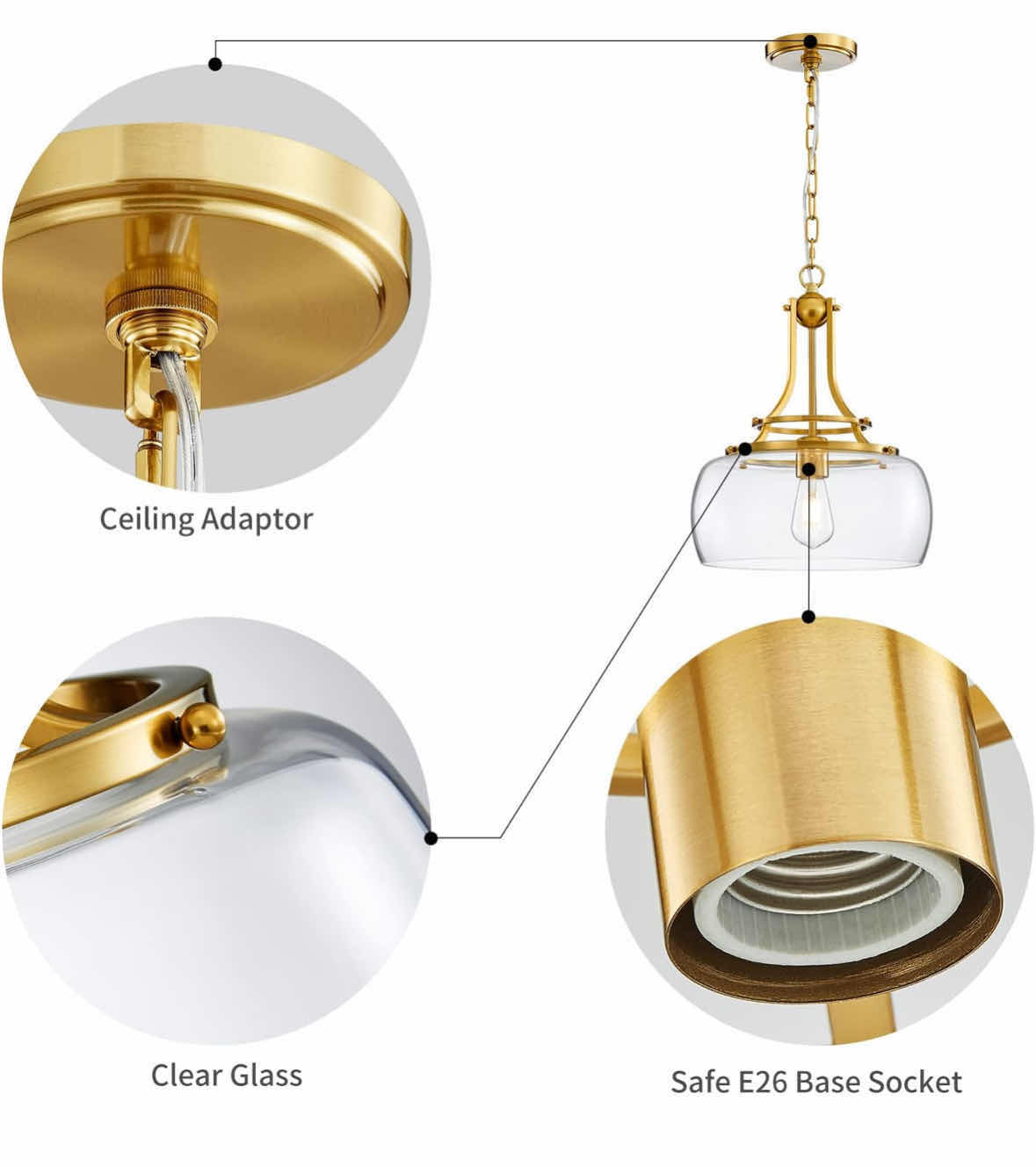 Photo 1 of NEW WUZUPS INDUSTRIAL ROUND CEILING PENDANT LIGHT FIXTURE/CHANDELIER W CLEAR GLASS SHADE, BRUSHED GOLD