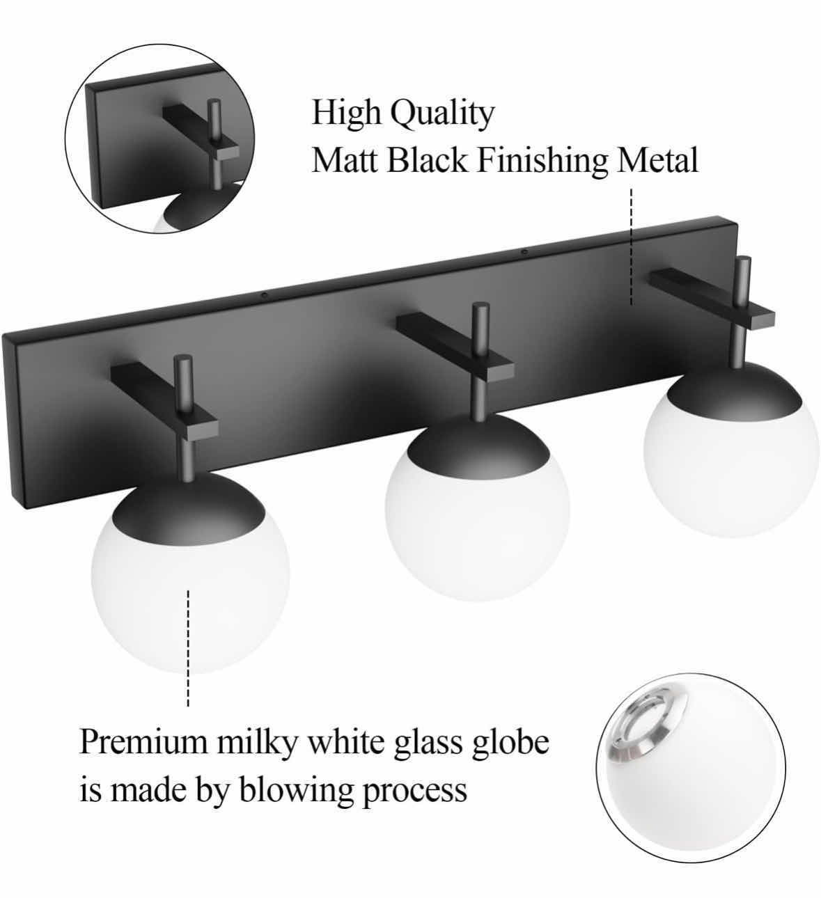 Photo 1 of NEW RALBAY 3-LIGHT MID CENTURY MODERN 22” VANITY LIGHT FIXTURE W MILKY GLASS GLOBE SHADES, BLACK