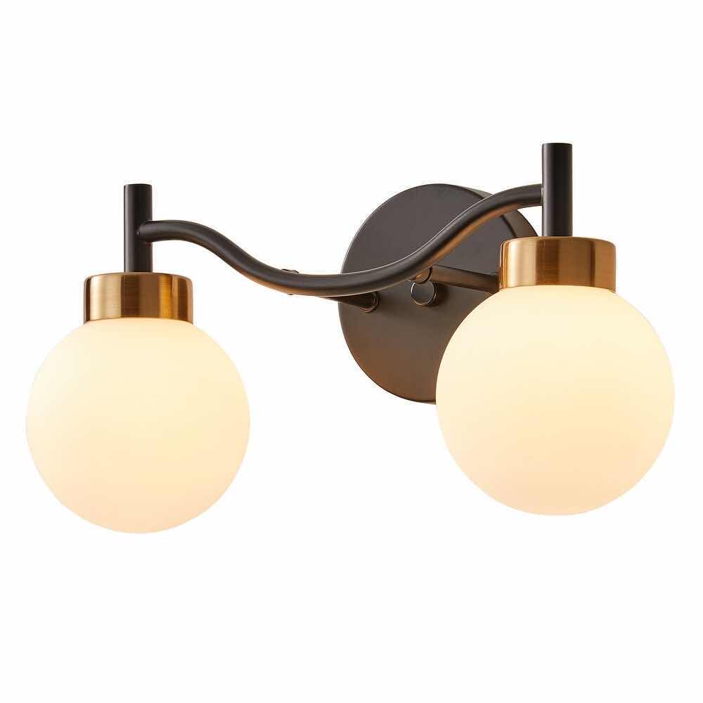 Photo 1 of NEW BED BATH & BEYOND MODERN 2-LIGHT VANITY LIGHTING FIXTURE, BLACK FINISH/OIL RUBBED BRONZE W WHITE GLOBE GLASS SHADES