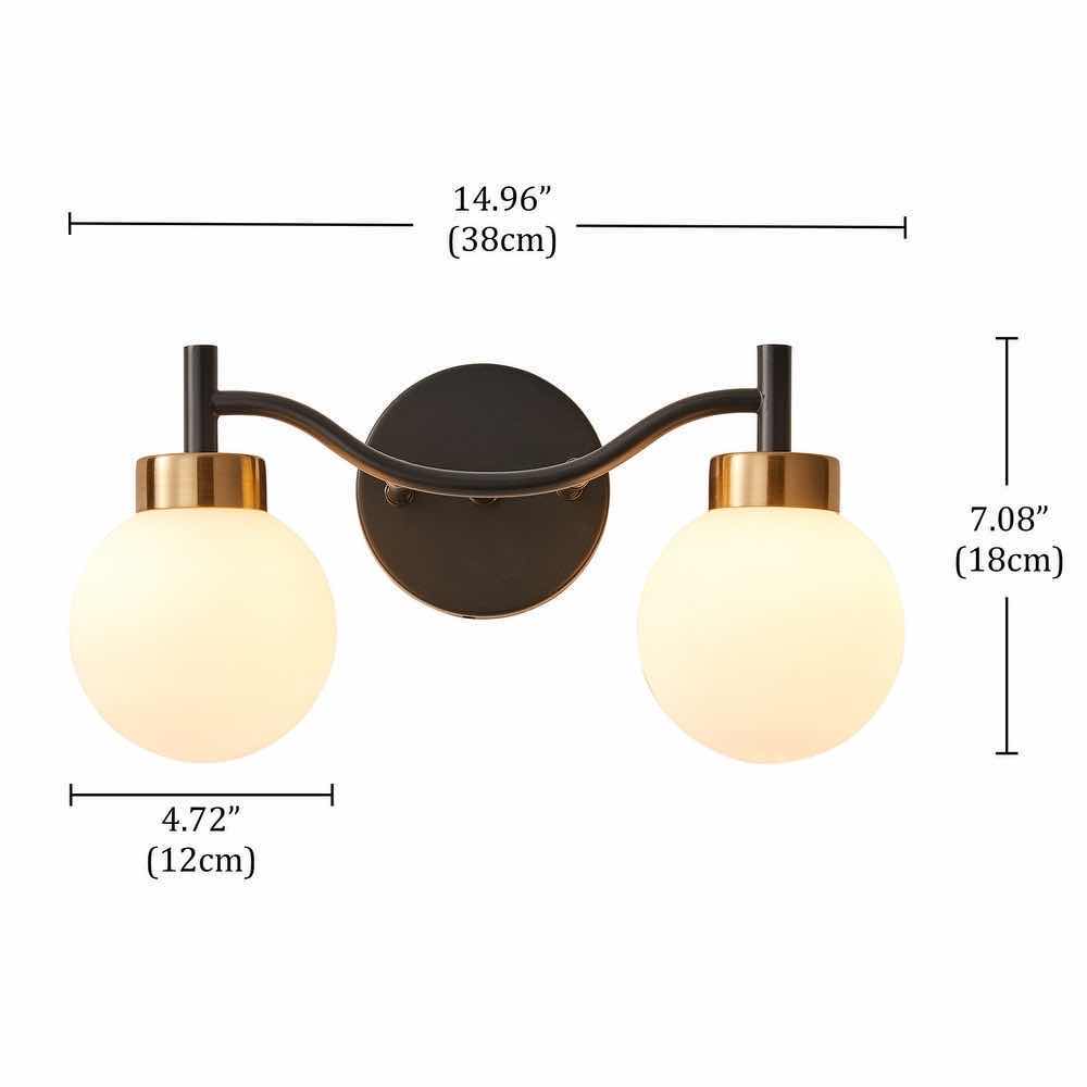 Photo 1 of NEW BED BATH & BEYOND MODERN 2-LIGHT VANITY LIGHTING FIXTURE, BLACK FINISH/OIL RUBBED BRONZE W WHITE GLOBE GLASS SHADES