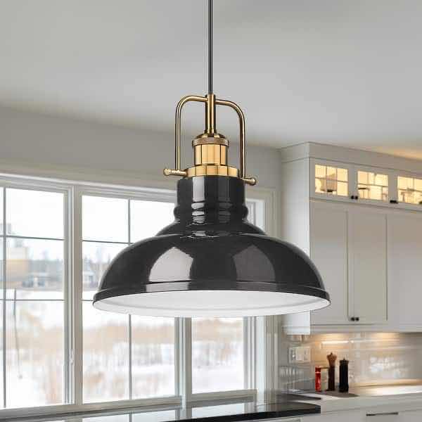 Photo 1 of NEW ZEYU MODERN PENDANT LIGHT W MEATL DOME LAMPSHADE, BLACK FINISH W BRONZE ACCENTS